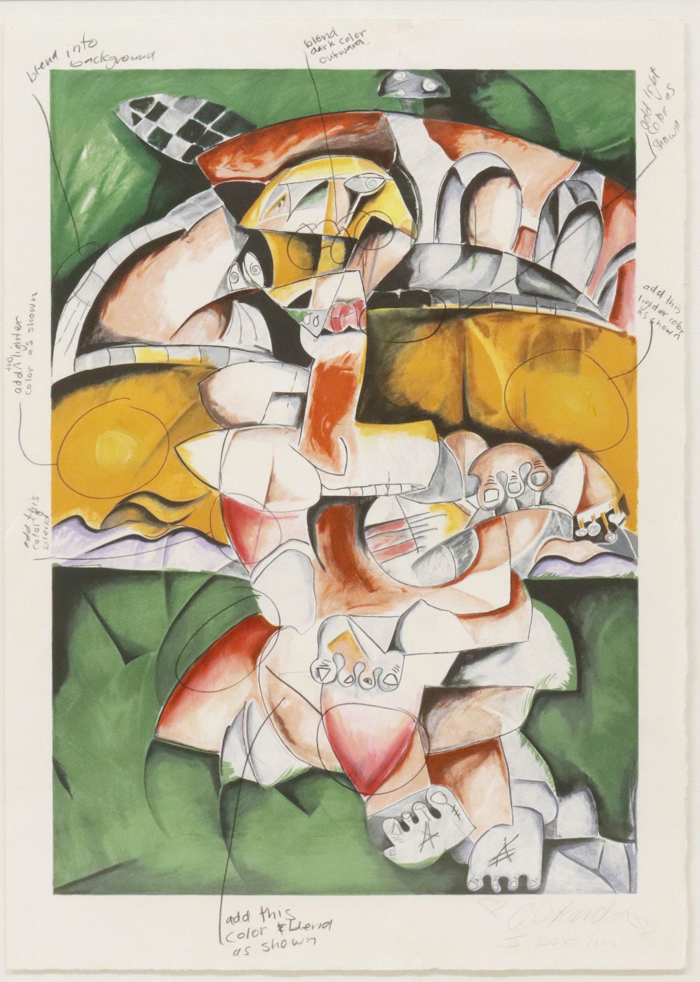 SCARCE ALEXANDRA NECHITA (B.1985) CUBIST LITHOGRAPH, HAND ANNOTATED BON A TIRER PROOF: Framed color lithograph on paper, 'No Bridge Too Far,' pencil signed lower right Alexandra (Alexandra Nechita, Romanian-American, b.1985), inscribed "I Love You," artist's Bon a