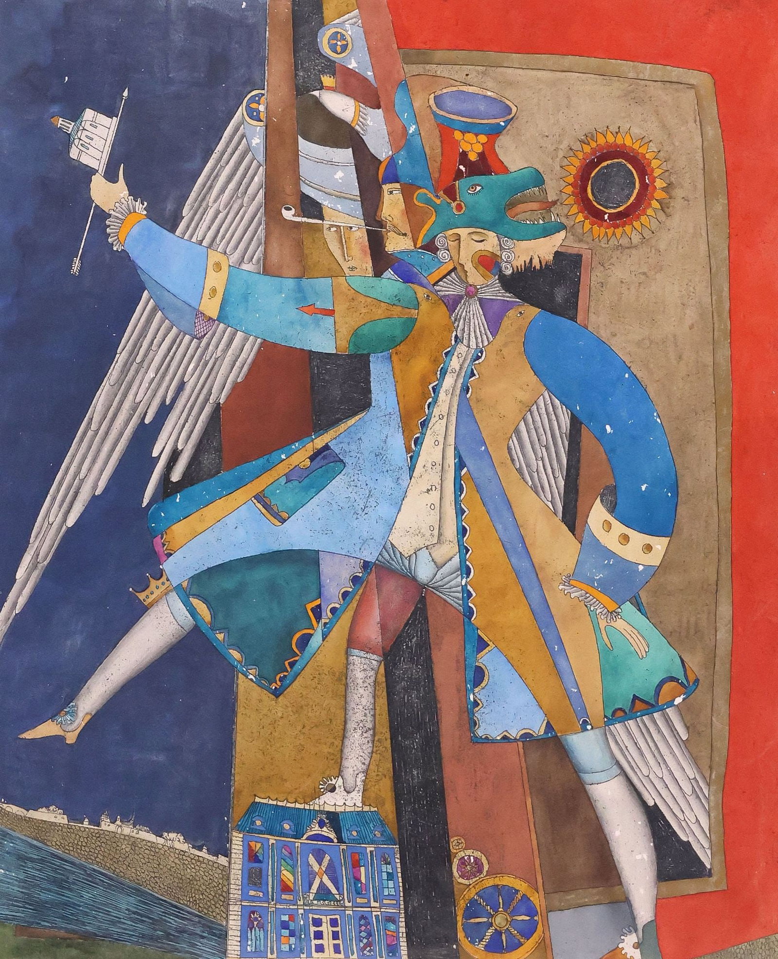 ANDREI GENNADIEV (B.1947) SURREALIST ALLEGORICAL AQUATINT ETCHING: Framed aquatint etching on paper, Three-Headed Allegory of a Soldier, pencil signed lower right Gennadiev (Andrei Gennadiev, Russian, b.1947), indiscernible title in Cyrillic lower left, retaining