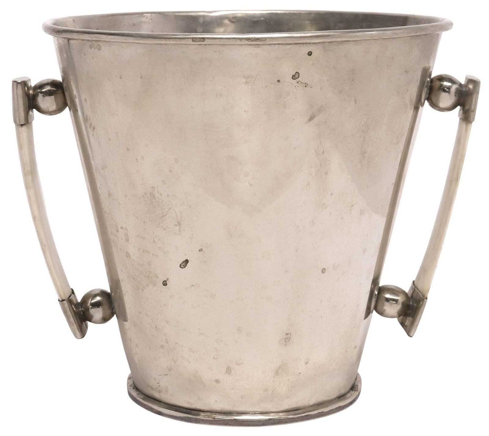 MODERNIST BONE-HANDLED NICKEL SILVER ICE BUCKET / CHAMPAGNE COOLER: Modernist Alpaca silver (nickel silver) ice bucket or champagne cooler, having natural bone handles with spherical mounts, retaining adhesive Neiman Marcus retail tag underfoot, apparently unmarked,