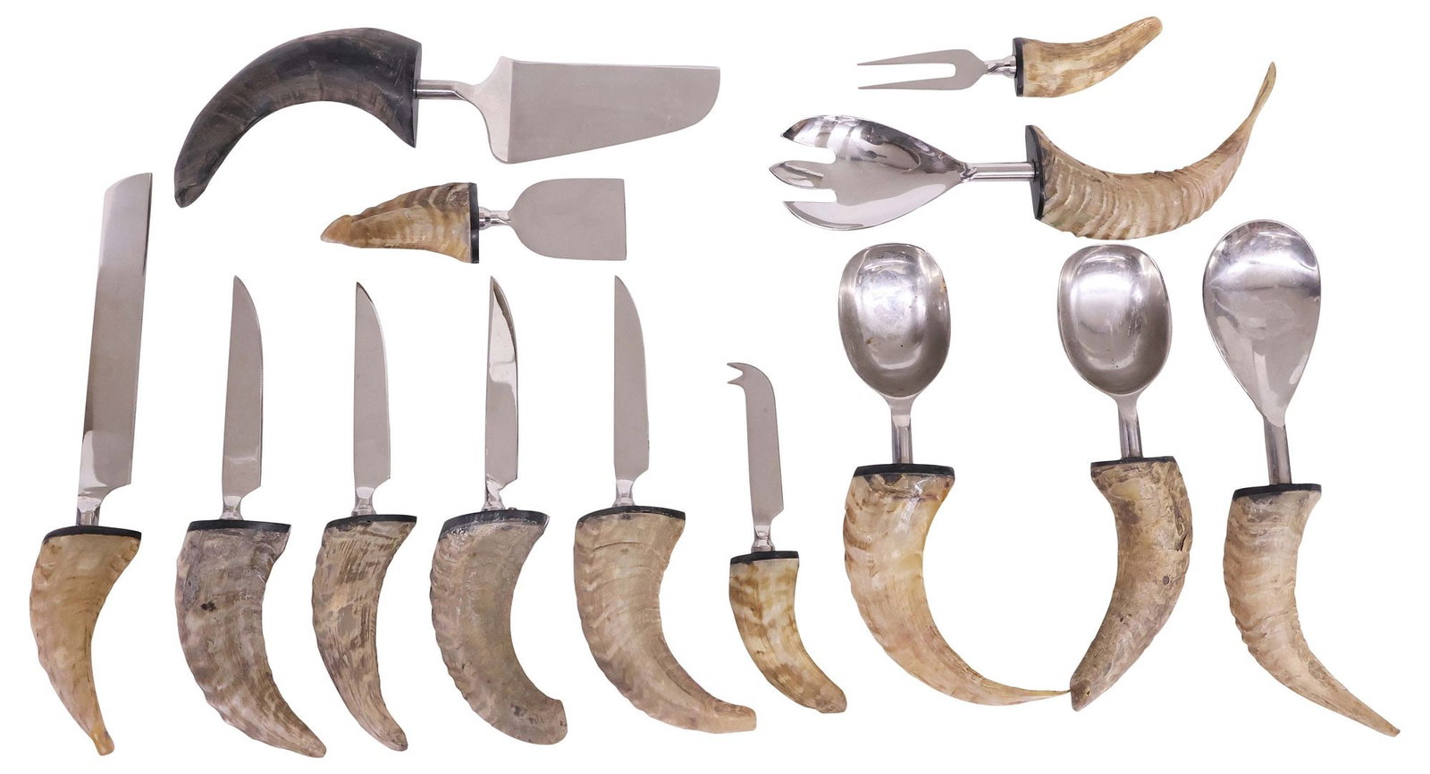 (13) RUSTIC GODINGER HORN-HANDLED SERVING UTENSILS: (lot of 13) Rustic horn-handled serving utensils, Godinger, each with stainless steel blade, many retaining adhesive maker's label, including: (4) steak knives, (3) cheese serving set, (2) salad