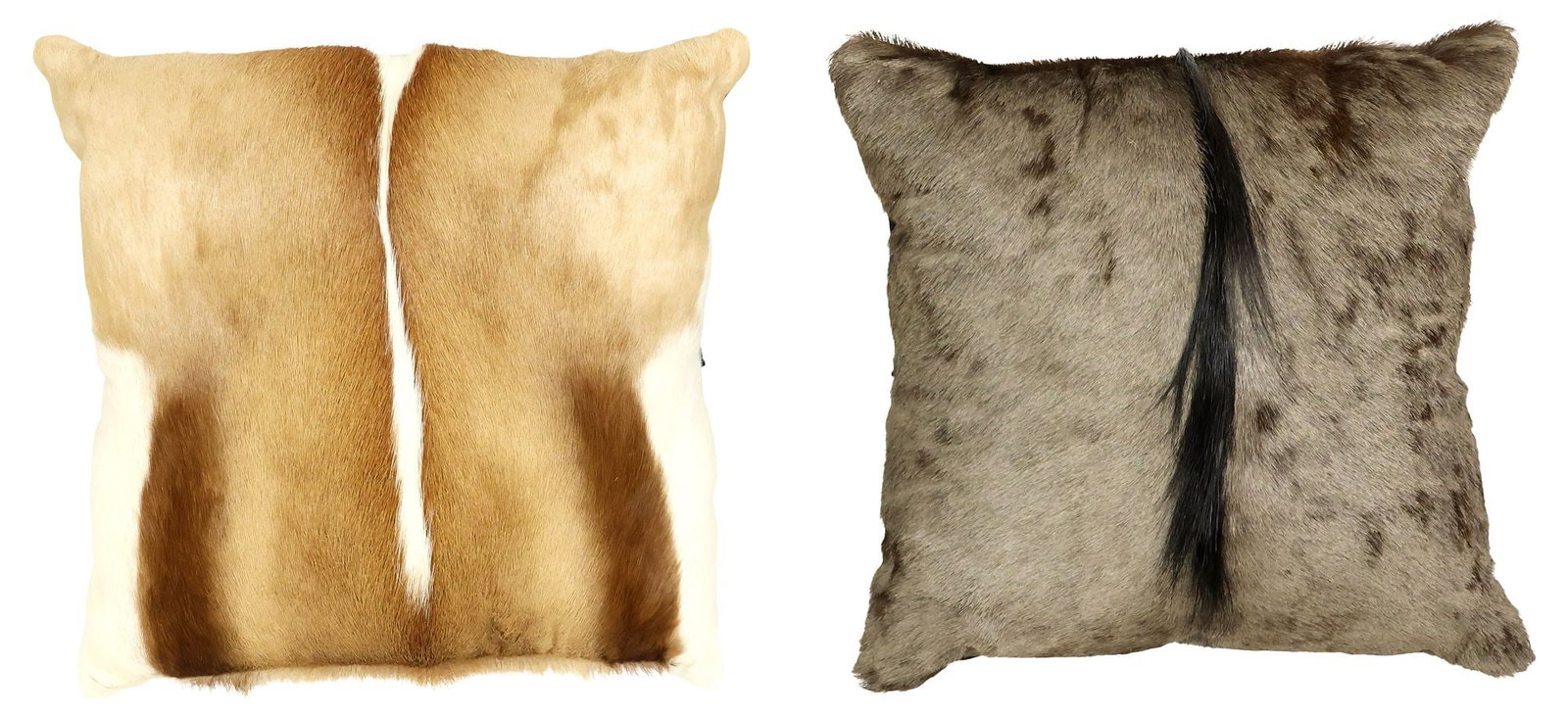 (2) CUSTOM WILDEBEEST & SPRINGBOK ANTELOPE HIDE / MANE THROW PILLOWS: (lot of 2) Custom designed throw pillows, in hide/ mane upholstery, including wildebeest and springbok antelope, both having suede backs, largest: approx 17"h, 17"w, 7"d, 5.5lbs total **Provenance: