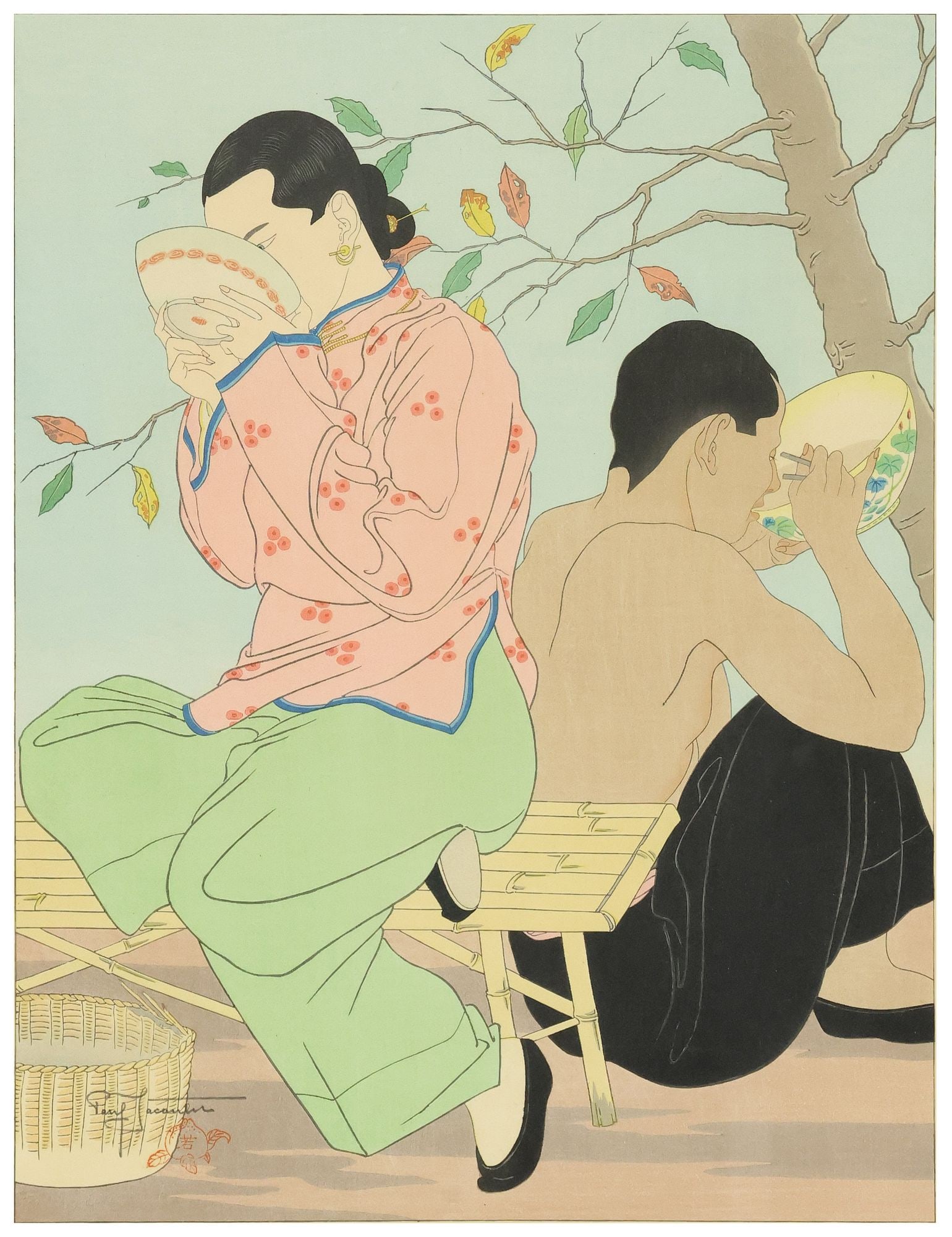 PAUL JACOULET (1902-1960) COLOR WOODBLOCK PRINT, 'CHINESE OYSTER SOUP': Framed woodblock print on paper, "La Soupe aux Huitres Chinois (Chinese Oyster Soup)," signed in pencil lower left Paul Jacoulet (Japan, France, 1902-1960), titled in print, with red peach seal and ma