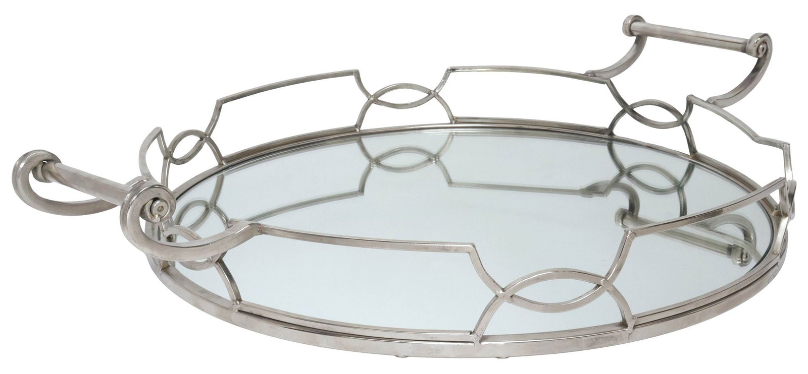 LARGE CIRCULAR CHROME & MIRROR-TOP HANDLED VANITY TRAY, C. 1970'S (1 of 4)