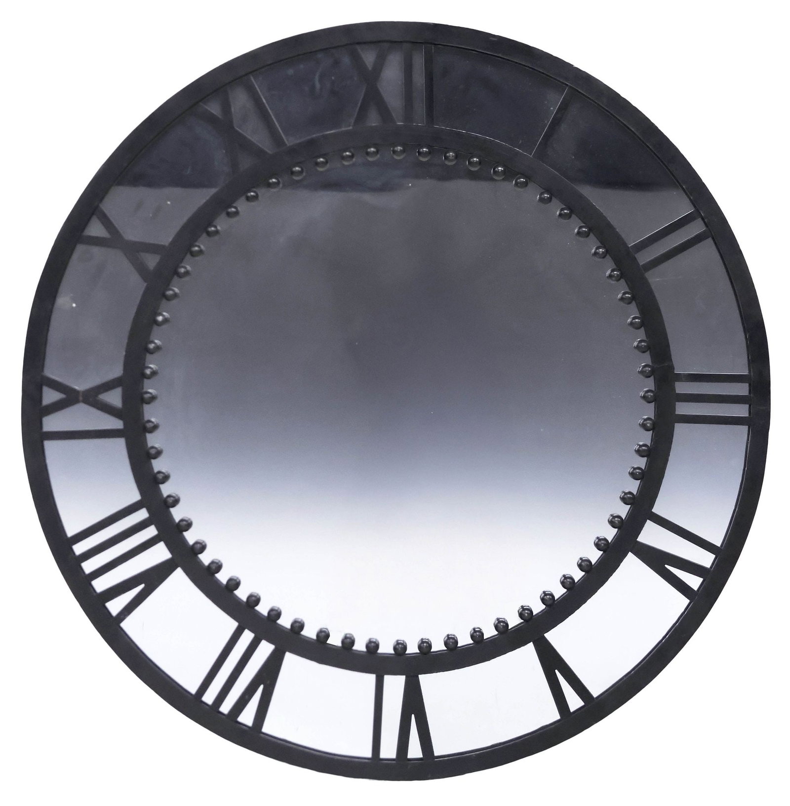 CONTEMPORARY IRON-FRAMED CLOCK WALL MIRROR 36" X 36": Contemporary iron-framed circular mirror, 20th c., in the form of a clock with roman numerals, encasing flat mirror plate, approx 36"h, 36"w, 36lbs **Provenance: Dallas, Texas: When the madn