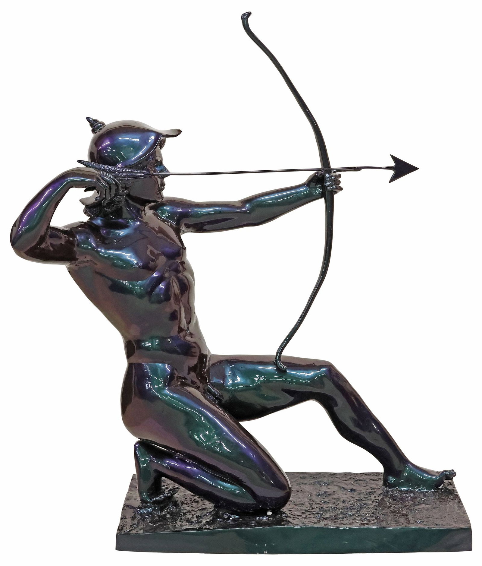 MANNER OF RUDOLPH KAESBACH SCULPTURE, NUDE ARCHER WITH DRAWN BOW: Large patinated bronze sculpture, Nude Archer with Drawn Bow, in the manner of Rudolph Kaesbach (German, 1873-1955), in an iridescent finish, on a textured integral base, approx 46'h, 37"w, 1