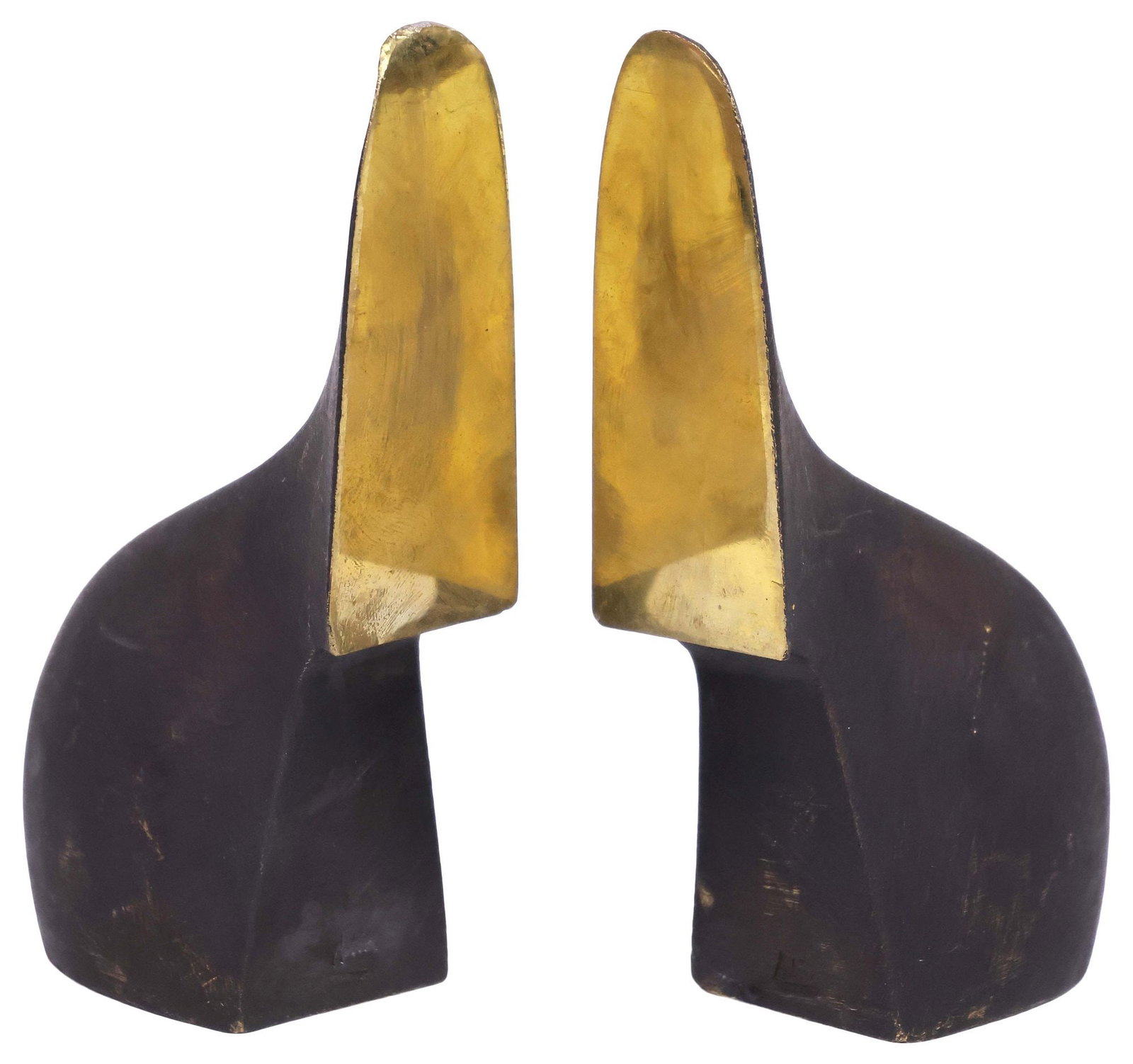 (2) CARL AUBOCK II (1900-1957) SCULPTURAL BRASS BOOKENDS, MODEL 3652: (pair) Modernist brass sculptural bookends, designed by Carl Aubock II (Austrian, 1900-1957) for Werkstatte Carl Aubock, model 3652, curvilinear patinated exterior with polished end cap, impressed mak