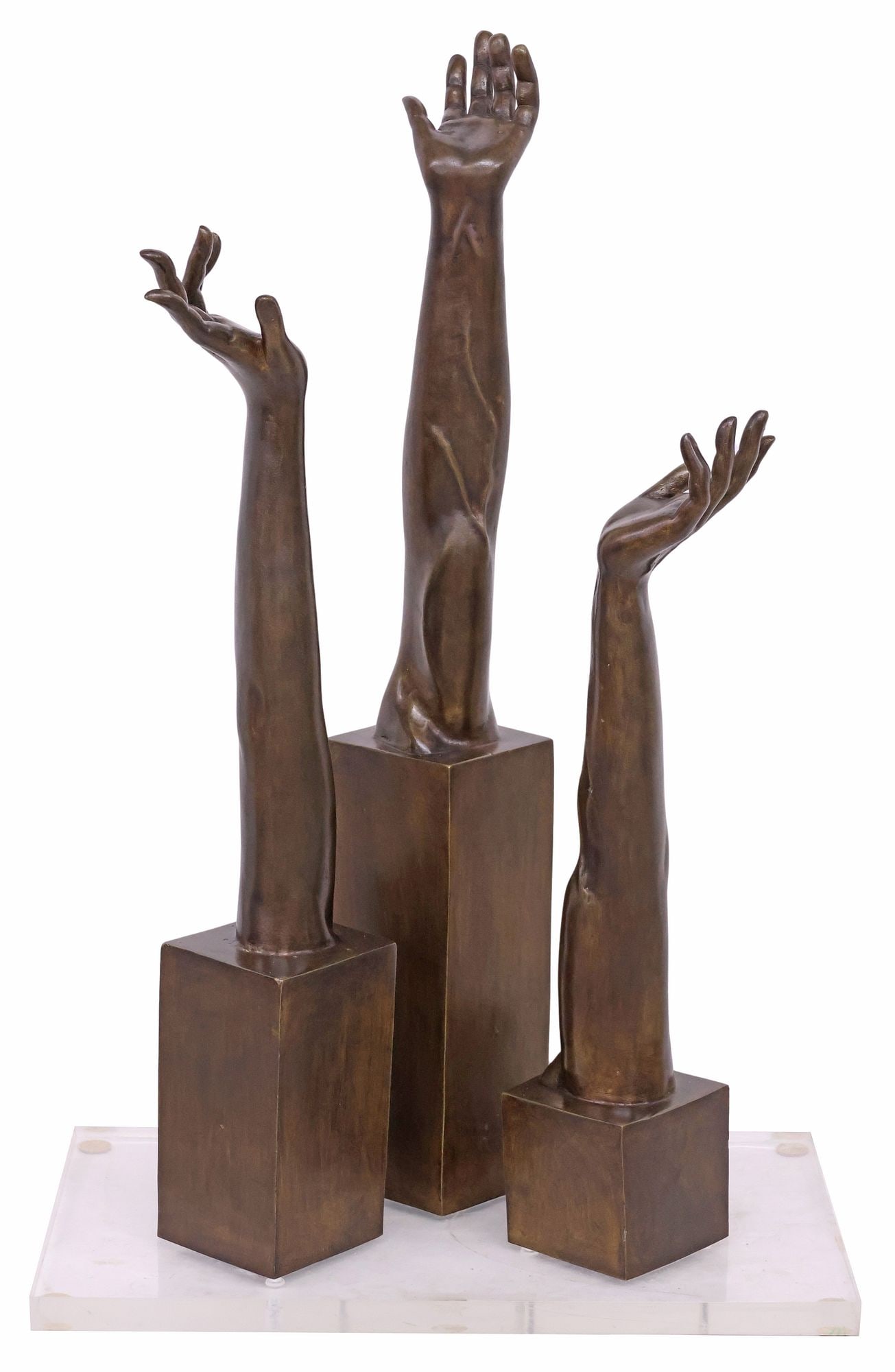 VICTOR SALMONES (D.1989) PATINATED BRONZE 'PETITIONS' ARMS SCULPTURE: Patinated bronze sculpture, "Petitions," stamp-signed V. Salmones (Victor Salmones, Mexican, 1937-1989), numbered 5/ 10, impressed mark C-31, on colorless lucite base, overall: approx 35.75"h, 23.25"w