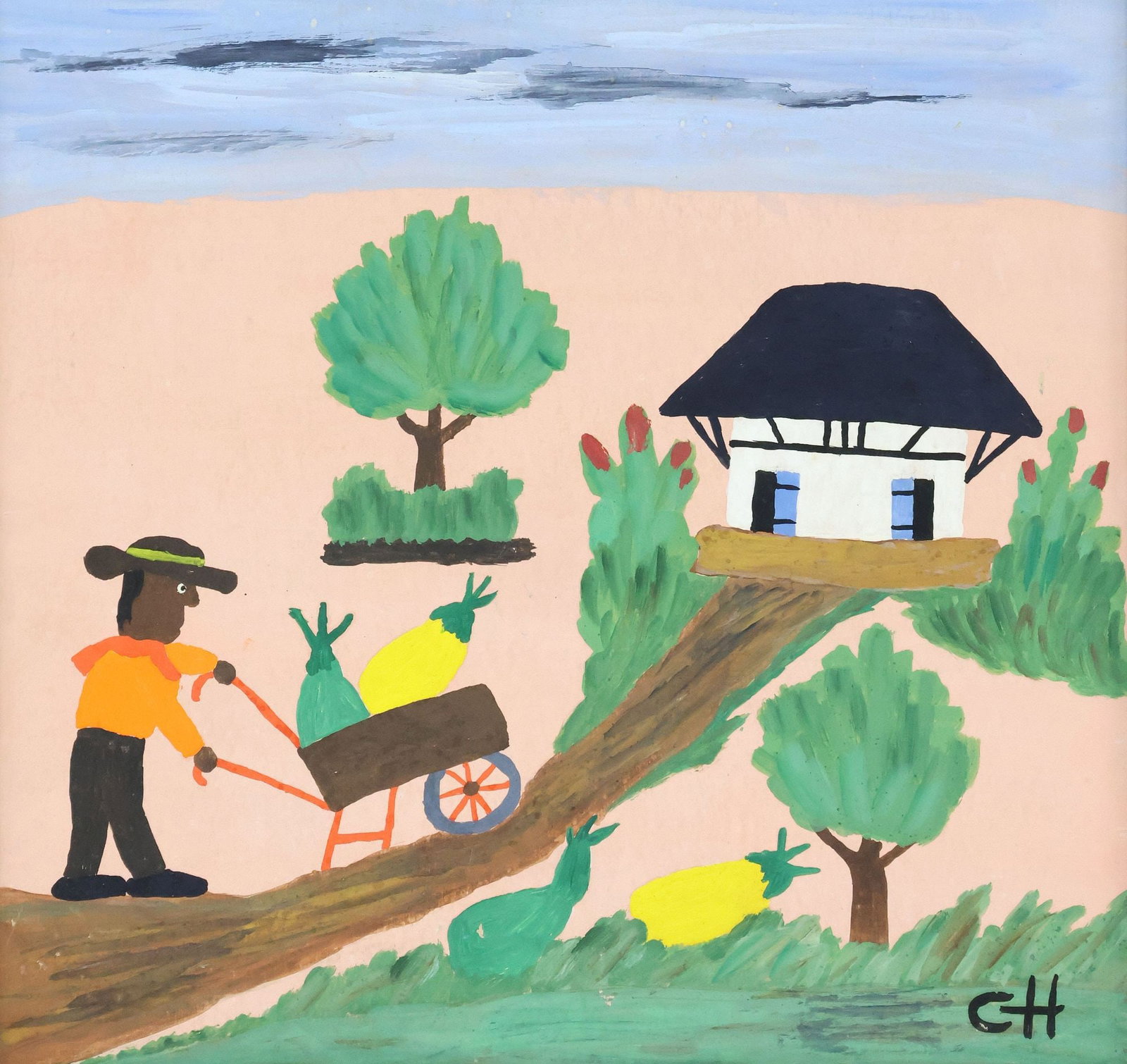 CLEMENTINE HUNTER (1887-1988) FOLK ART PAINTING, HARVEST AT AFRICAN HOUSE, MELROSE (1 of 6)