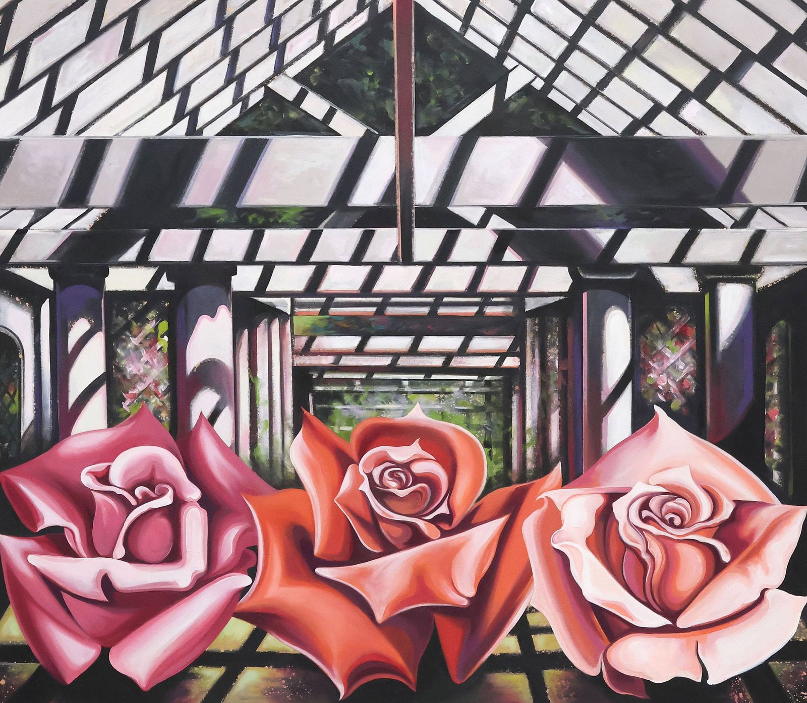 LOWELL NESBITT (1933-1993) 'THE ROSE ARBOR' BOTANICAL SERIES PAINTING, 54" X 62" (1 of 4)