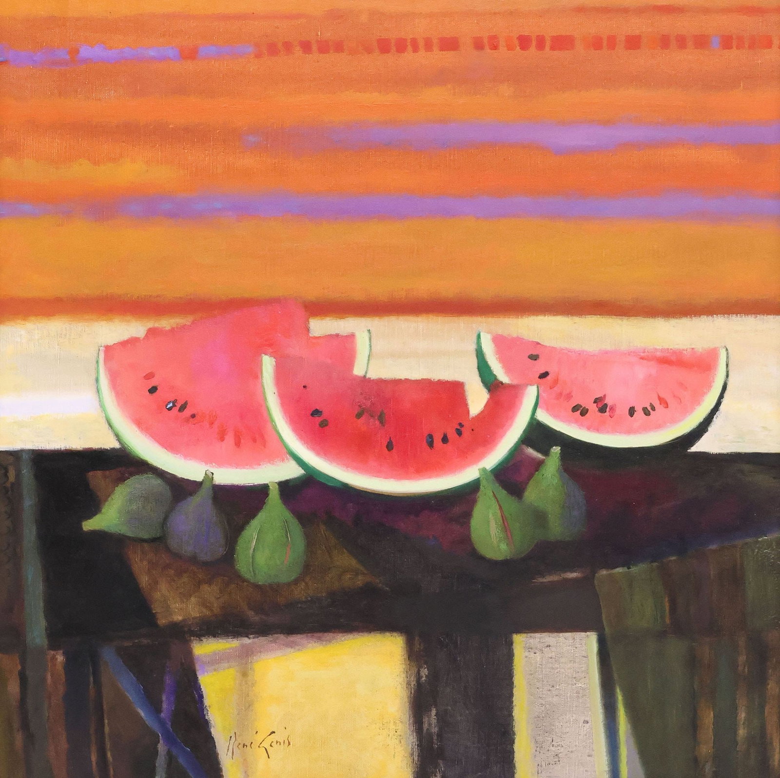 RENE GENIS (FRENCH, 1922-2004) STILL LIFE PAINTING, 'FIGS & SPANISH MELON': Framed oil on canvas painting, "Figues et Melon d'Espagne (Figs and Spanish Melon)," signed lower left Rene Genis (French, 1922-2004), titled and twice-signed on back stretcher, additional signature
