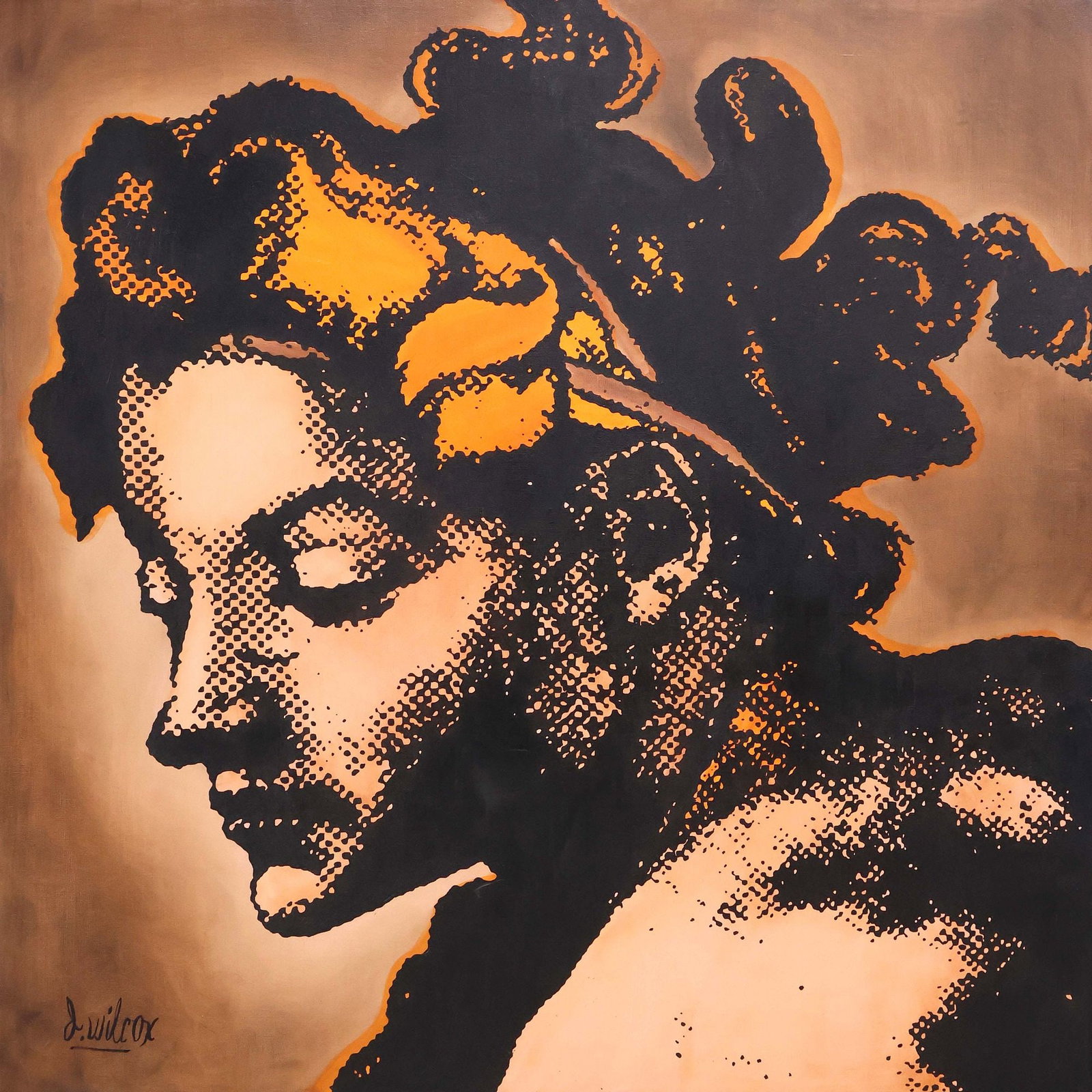 DAVE WILCOX (B.1964) POP ART PAINTING, PORTRAIT OF A GODDESS, 60" X 60": Large framed stenciled acrylic painting on canvas, Pop Art Portrait of a Goddess, signed lower left D. Wilcox (Dave Wilcox, American, b.1965), sight: approx 59.25"h, 59.25"w, overall: