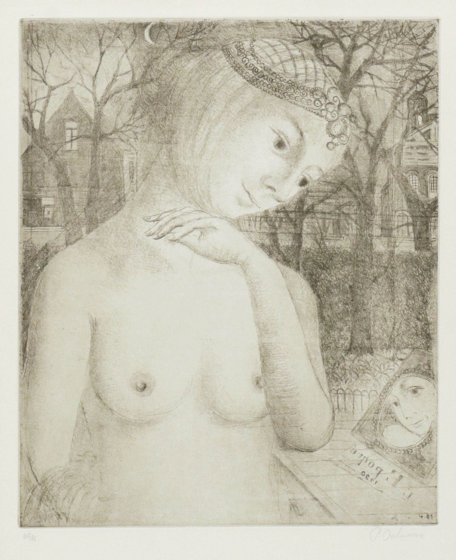 PAUL DELVAUX (1897-1994) LIMITED-EDITION ETCHING, 'LE DIADEME (THE TIARA)': Framed etching on paper, "Le Diademe (The Diadem)," pencil signed lower right P. Delvaux (Paul Delvaux, Belgian, 1897-1994), numbered 65/ 75, blindstamped Le Miroir d'Encre (Oil Lamp)