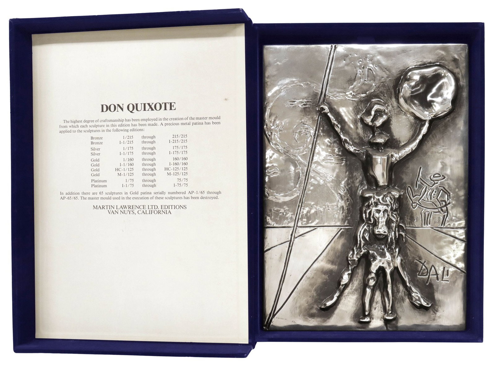 AFTER SALVADOR DALI (D.1989) LIMITED-EDITION SILVERPLATE RELIEF PLAQUE, 'DON QUIXOTE': Limited-edition silverplate relief plaque, "Don Quixote," after Salvador Dali (Spanish, 1904-1989), signed in plate lower left, numbered I 57/ 175, Martin Lawrence Limited Editions, Van Nuys,