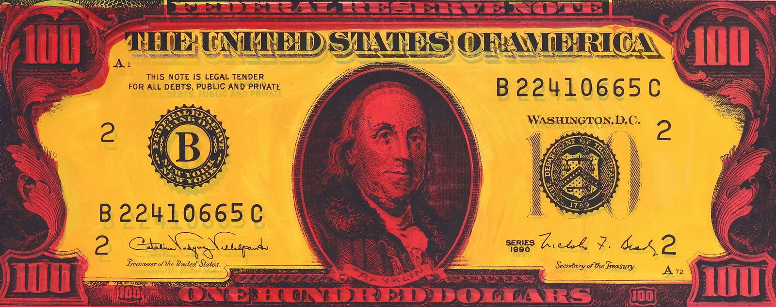 STEVE KAUFMAN (1960-2010) HAND-EMBELLISHED SERIGRAPH PRINT, $100 BILL (1 of 4)