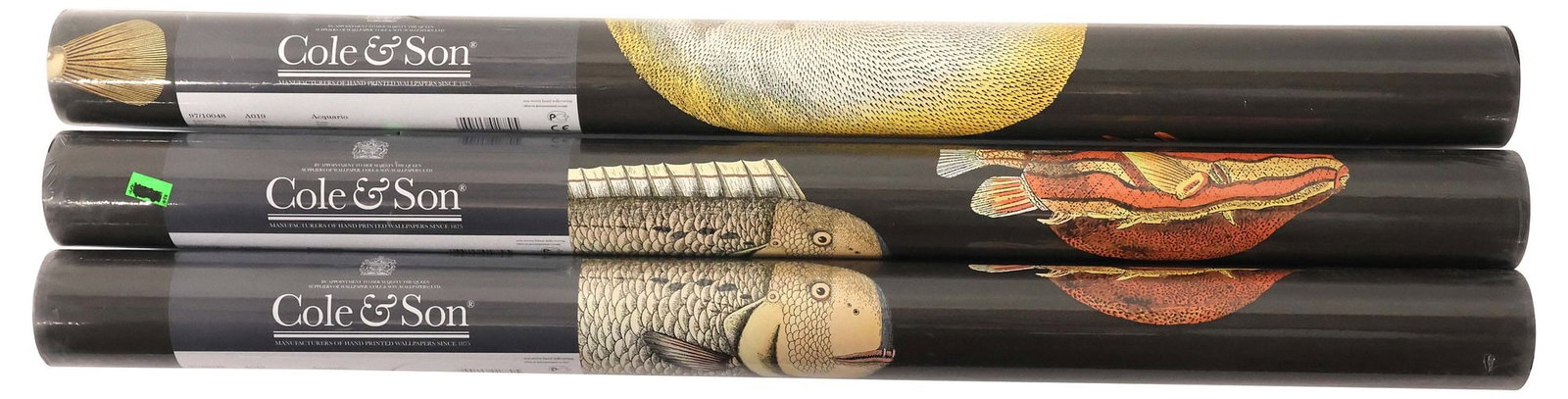 (3) COLE & SON 'ACQUARIO' EXOTIC FISH WALLPAPER, UNUSED & SEALED: (lot of 3) Cole & Son printed wallpaper, in the "Acquario" pattern, number 97/10048, from the "Fornasetti Senza Tempo" collection, black colorway, with various exotic fish, new in original sealed