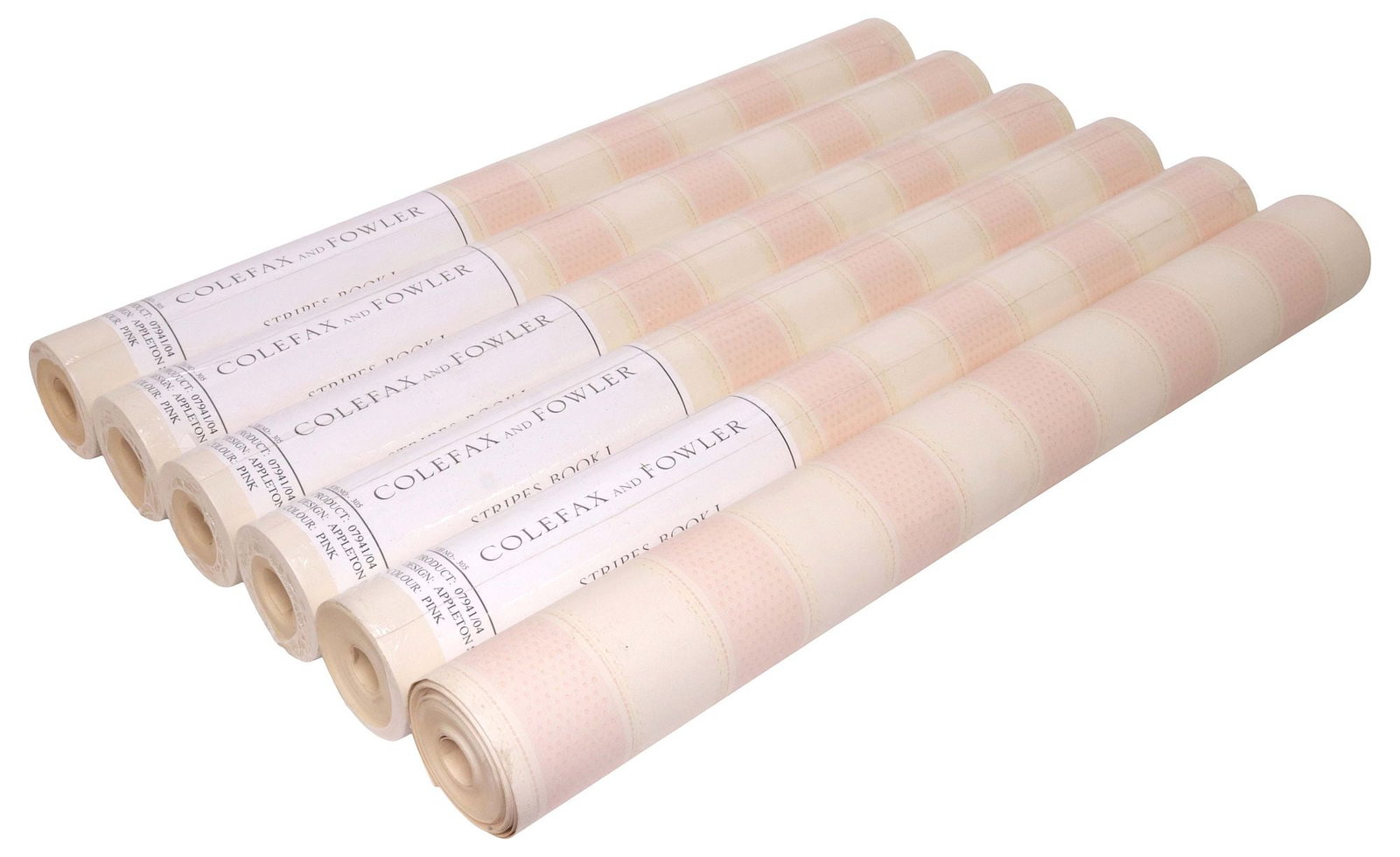 (6) ENGLISH COLEFAX & FOWLER 'PINK APPLETON STRIPE' WALLPAPER ROLLS: (lot of 6) English printed pink wallpaper rolls, Colefax and Fowler, in the "Appleton Stripe," from the Stripes series, Book 1, (five) new in original sealed wrap, (one) opened and cut, length