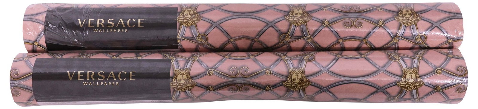 (2) DESIGNER VERSACE PINK 'LA SCALA DEL PALAZZO' WALLPAPER, SEALED: (pair) Versace pink printed wallpaper, "La Scala del Palazzo," pattern number 37049, both sealed in original wrapping, (one) with plastic end partially open, labeled roll size: 11 yards, for