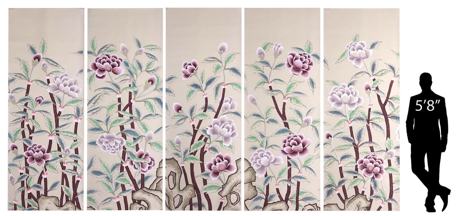 (5) DE GOURNAY 'KOREAN PEONY' PAINTED SILK WALLPAPER PANELS, 104"H: (lot of 5) Designer hand-painted silk-lined wallpaper panels, de Gournay, London, in the "Korean Peony" pattern, "Special" colorway on icefield dyed silk, with blossoming and