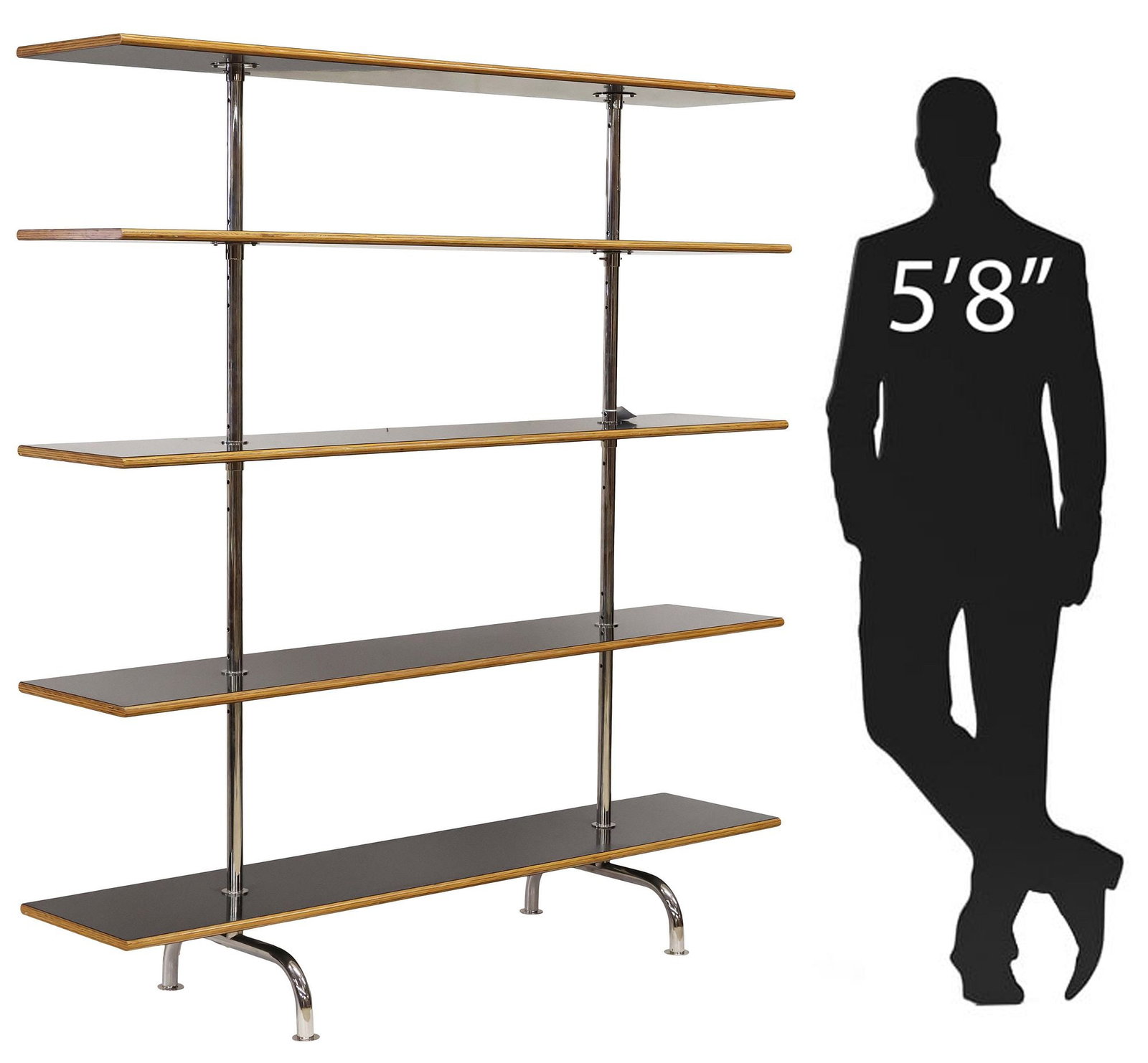 MARCEL BREUER (ATTRIB.) LAMINATE & CHROMED STEEL ETAGERE: Modern black laminate and wood open bookcase, "S44," designed by Marcel Breuer (Hungarian-American, 1902-1981) for Maison Clarte, c.1980s, five adjustable shelves, on tubular chromed steel s