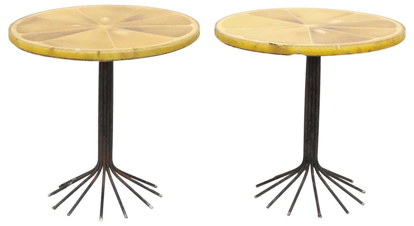 (2) CARL CHAFFEE (ATTRIB.) MID-CENTURY RESIN-TOP 'LEMON SLICE' SIDE TABLES: (pair) Mid-century resin and steel side tables, attributed to Carl Chaffee (American, 20th c.), c.1960s, tabletops modeled as a lemon slice, with seeds and pith, glass pulp texturing, raised on a bund