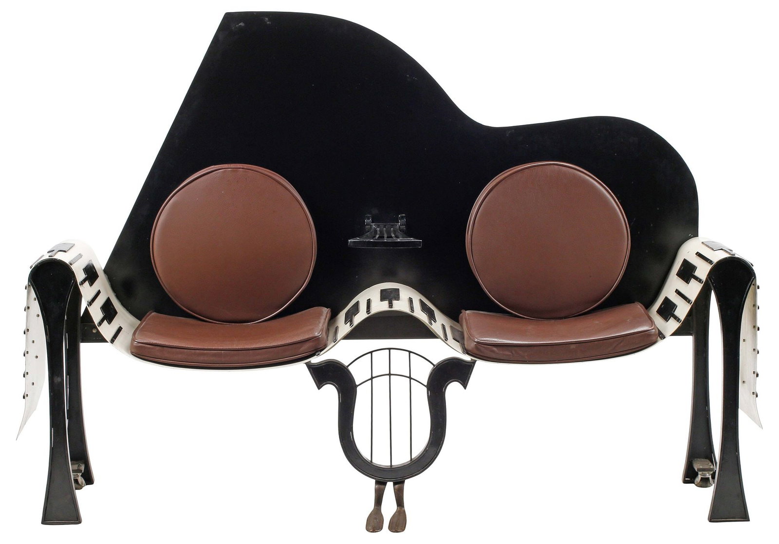 POP ART ALAIN APARICIO (ATTRIB) SCULPTURAL PIANO-FORM SETTEE / SOFA: Pop Art sculptural piano-form settee, attributed to Alain Aparicio (b.1957), late 20th c., contrasting lacquered metal frame with curving keyboard, over central harp-form support, dual upholstered