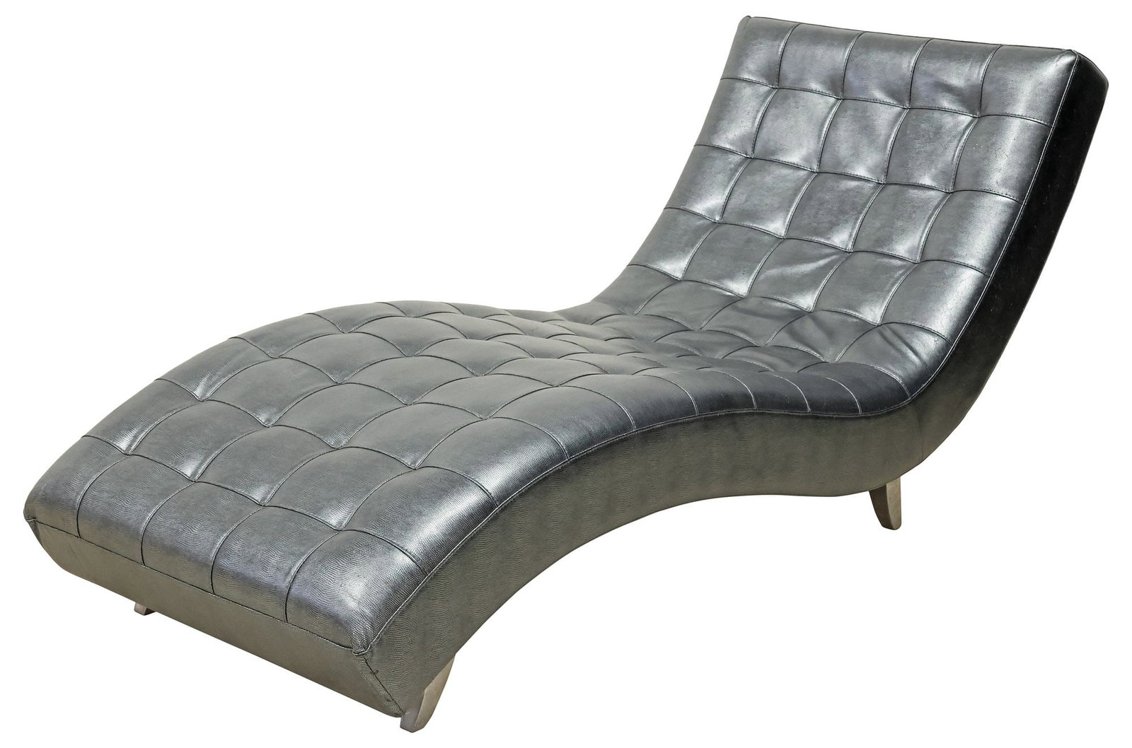 CONTEMPORARY ROCHE BOBOIS 'DOLCE' UPHOLSTERED CHAISE LOUNGE: Contemporary "Dolce" chaise lounge, Roche Bobois, Paris, 21st c., curvilinear frame in a tufted metallic gray faux lizard upholstery, retaining maker tag, on brushed aluminum saber legs, approx