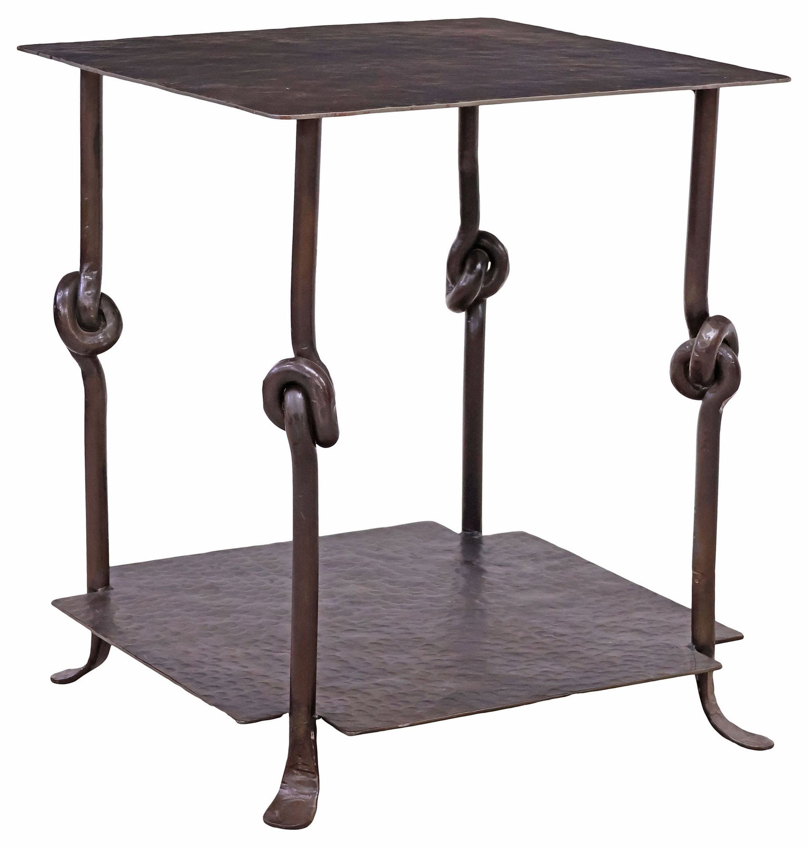 ARTERIORS HOME (ATTRIB.) 'ARNOT' HAMMERED IRON END TABLE: Contemporary patinated iron "Arnot" end table, attributed to Arteriors Home, 21st c., hammered square top, raised on tubular legs with central knot, joined by low medial shelf, ending on flattened fee