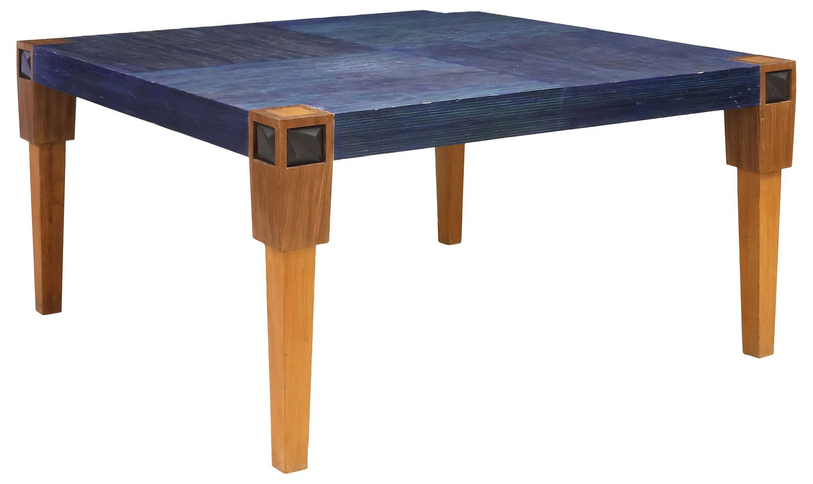 NICHOLSON STUDIO (ATTRIB.) BLUE CERUSED & BRONZE-MOUNTED DINING TABLE: Contemporary cerused oak and hardwood dining table, attributed to Dana Nicholson Studios, New York City, 21st c., matched square tabletop in a stained blue finish, rising on mixed wood tapering legs,