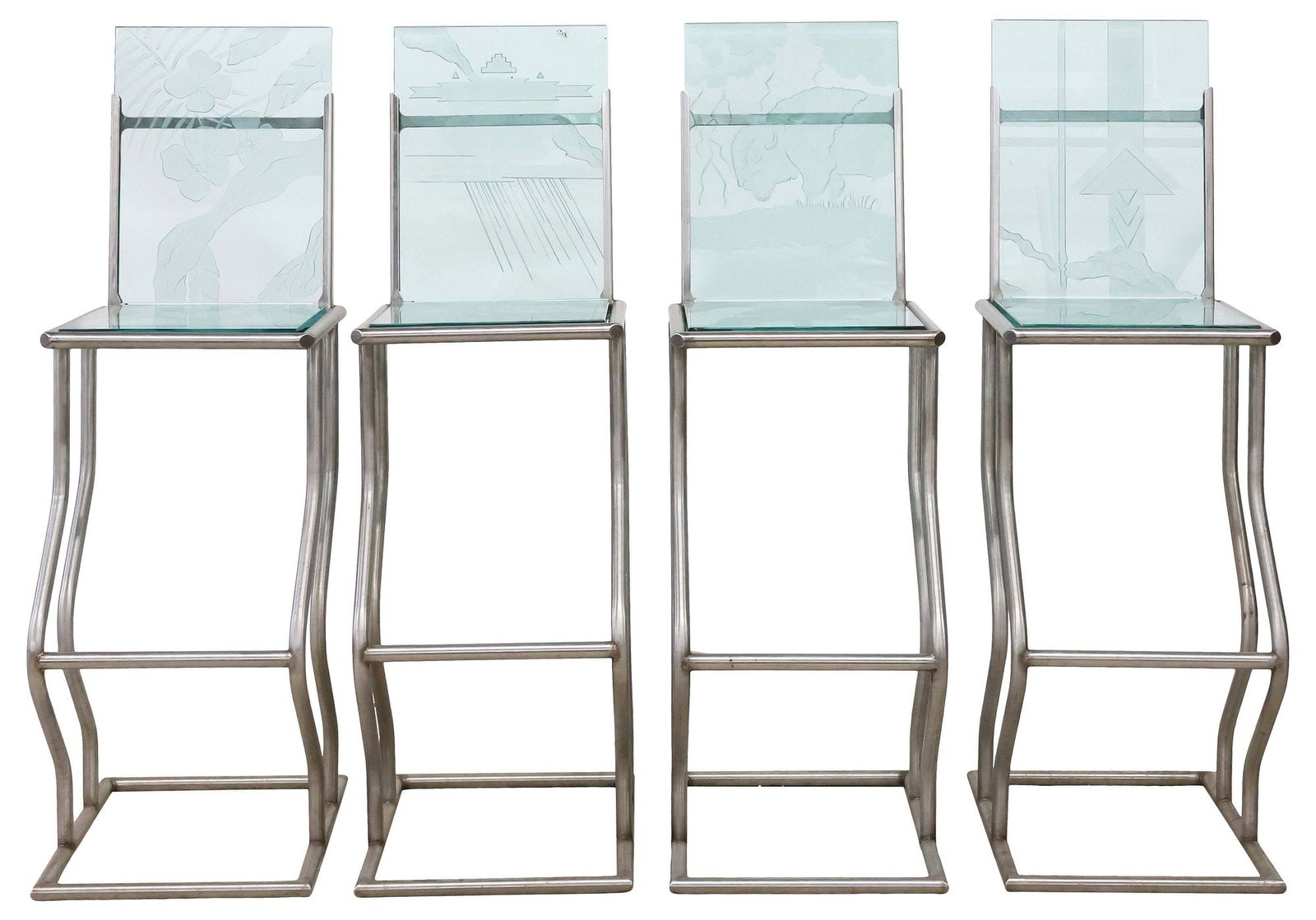 (4) CONTEMPORARY ALUMINUM & ETCHED GLASS BAR STOOLS (1 of 11)