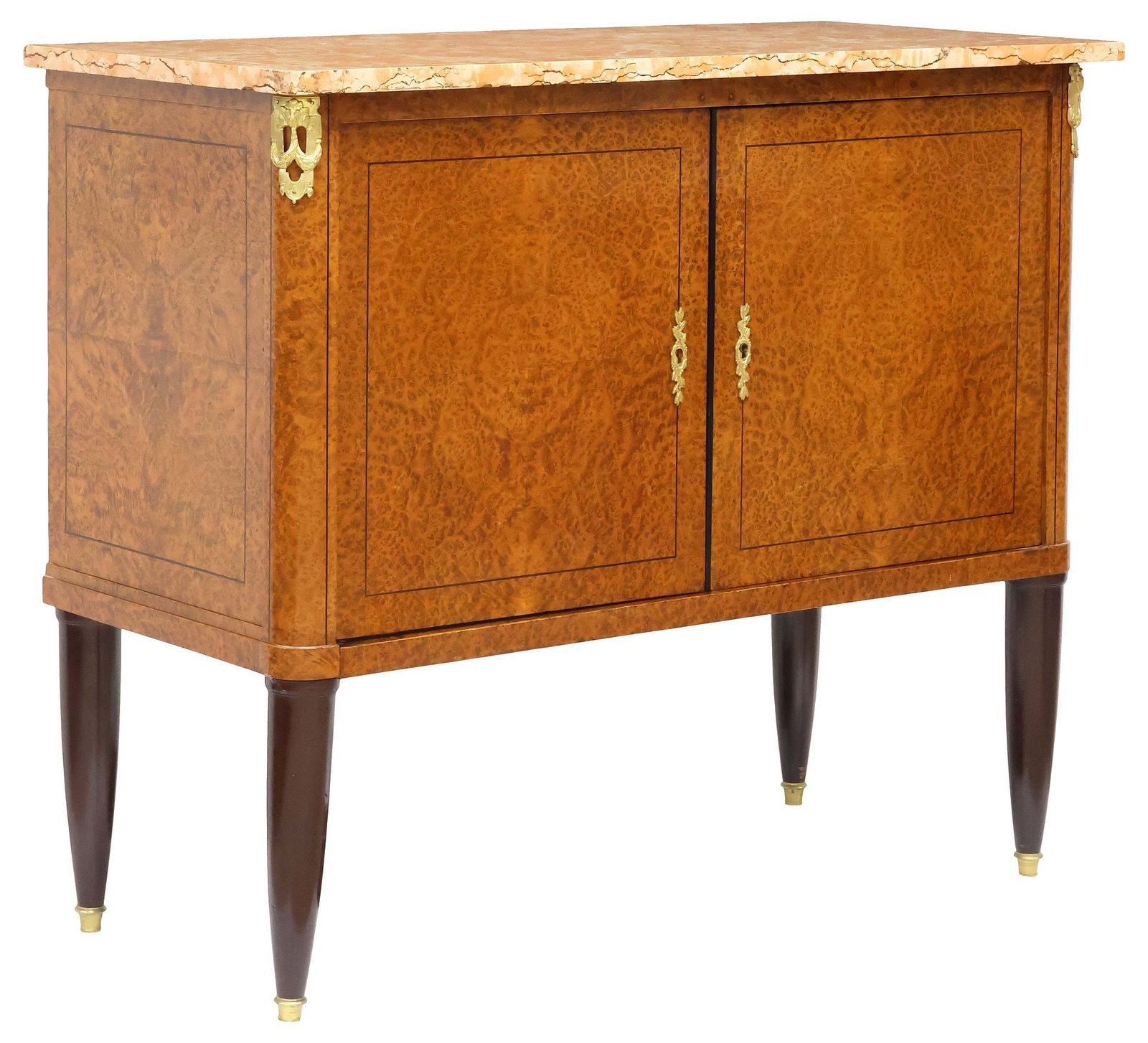 FRENCH ART DECO MARBLE-TOP STRING INLAID BURLWOOD SERVER: Art Deco period marble-top burlwood commode à vantau, c.1930s, having dual doors with ebonized stringwork trim, interior revealing adjustable height shelf, rising on tapering legs with brass ca