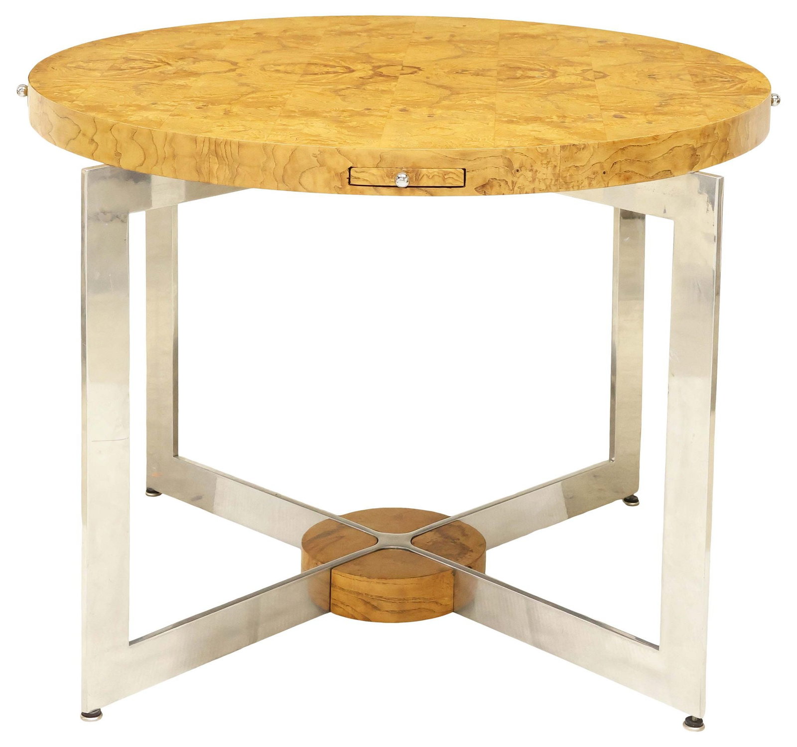 MILO BAUGHMAN STYLE BURLWOOD & CHROMED METAL CIRCULAR GAMES TABLE (1 of 4)