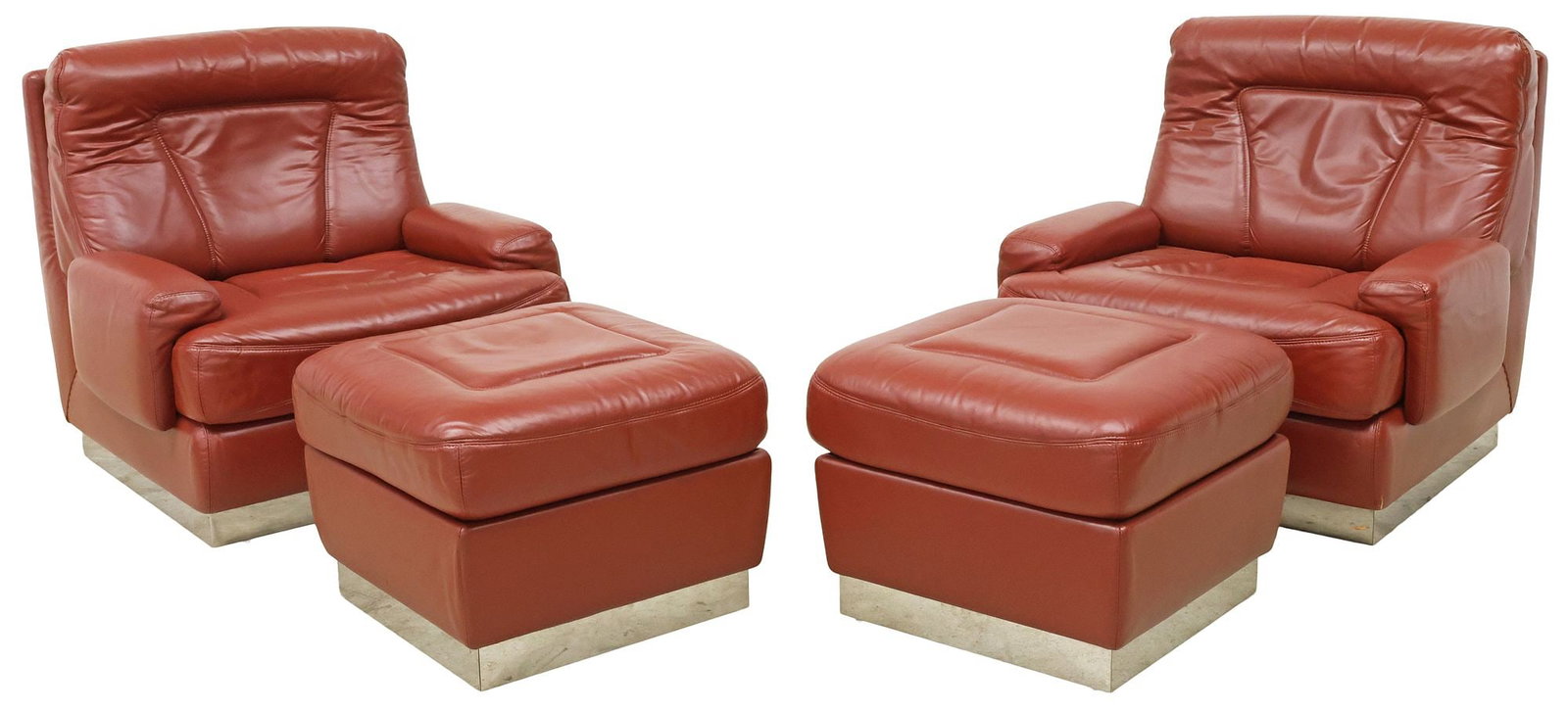 (2) JACQUES CHARPENTIER (D. 1986) FOR ROCHE BOBOIS RED LEATHER LOUNGE CHAIRS & OTTOMANS (1 of 5)