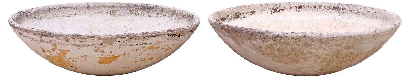 (2) WILLY GUHL (ATTRIB., D.2004) MODERNIST 'SAUCER' PLANTERS: (lot of 2) Cast composite "Saucer" planters, attributed to Willy Guhl (Swiss, 1915-2004), c.1960s, wide shallow basin, exteriors in a worn white-painted finish, approx 10"h, 31.5"diam **Provenance: Tr