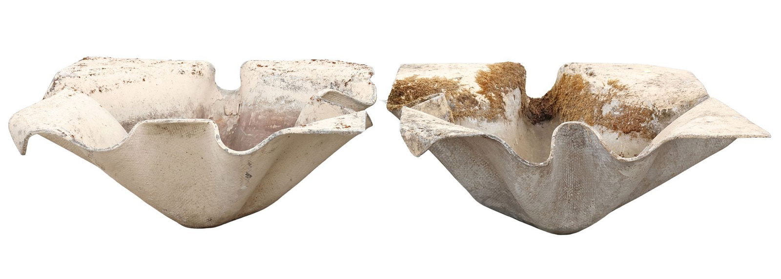 (2) MANNER OF WILLY GUHL HANDKERCHIEF PLANTERS: (lot of 2) Modernist cast composite garden planters, original design by Willy Guhl (Swiss, 1915-2004), ruffled handkerchief form, slightly varied sizes, largest: approx 13"h, 30.5"w, 35"d **PLEASE NOT