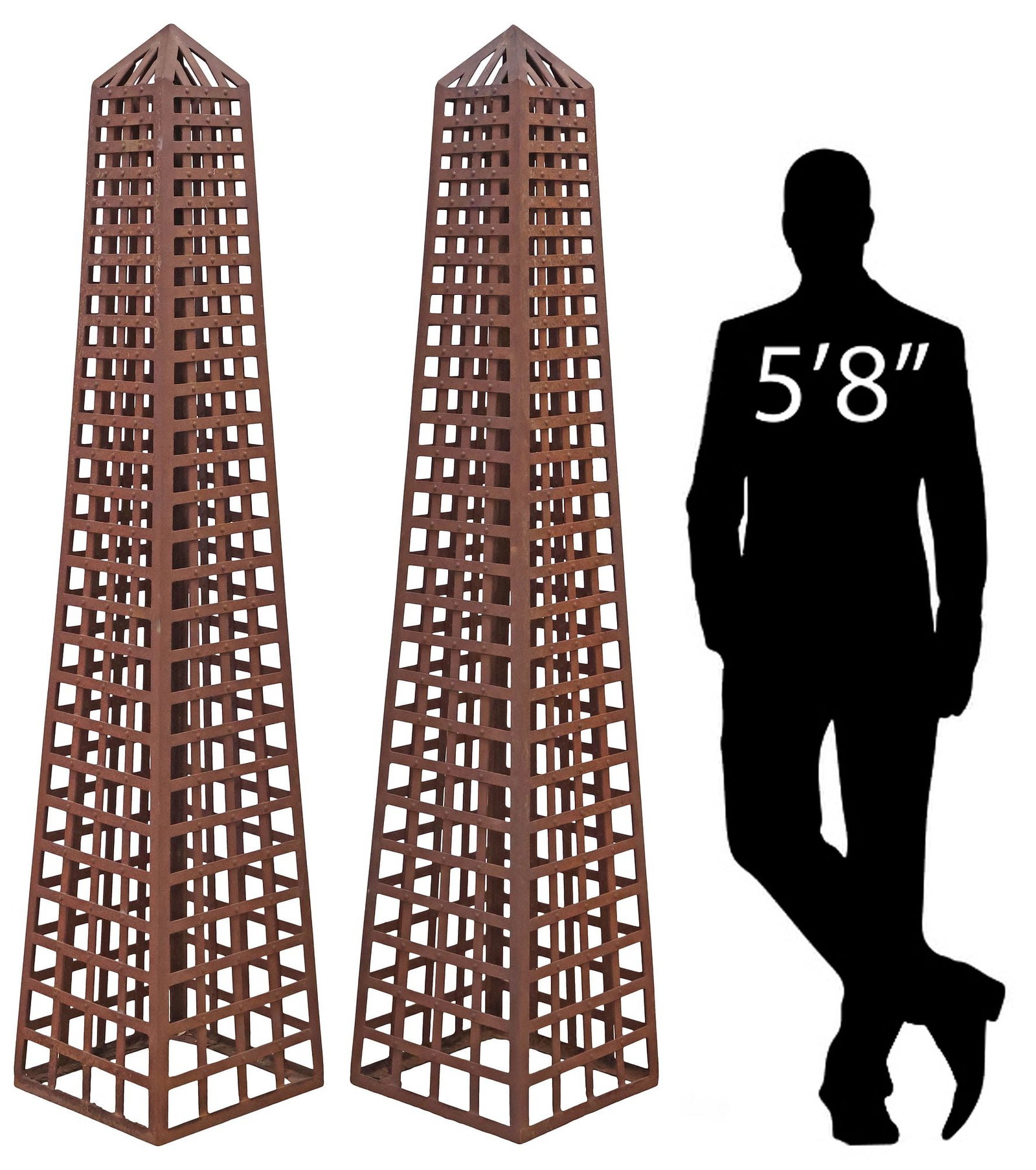 (2) LARGE PATINATED IRON GARDEN TOPIARY OBELISKS, 75"H (1 of 4)