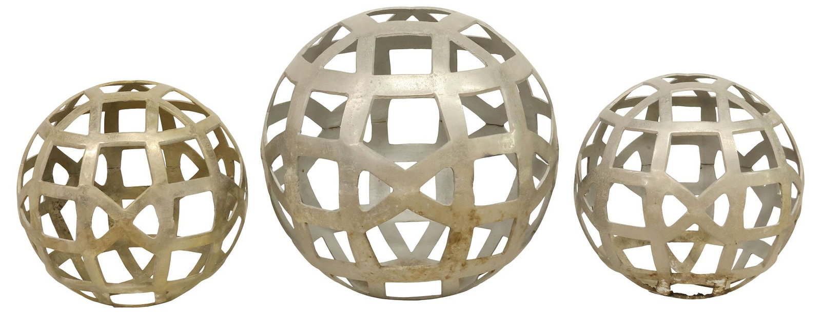 (3) CAST ALUMINUM OPENWORK SCULPTURAL GARDEN SPHERES: (lot of 3) Decorative cast aluminum garden sculptures, 21st c., each of an openwork spherical shape, flattened bottoms, of varied sizes, largest: approx 23"h, 24"diam, smallest: approx 17.75"h, 18.5"d