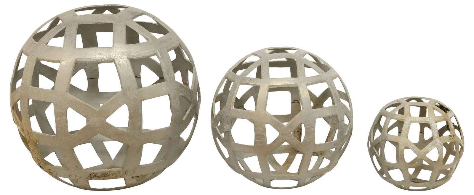 (3) CAST ALUMINUM OPENWORK SCULPTURAL GARDEN SPHERES: (lot of 3) Decorative cast aluminum garden sculptures, 21st c., each of an openwork spherical shape, flattened bottoms, graduated sizes, largest: approx 23"h, 24"diam, smallest: approx 11.5"h, 12"diam