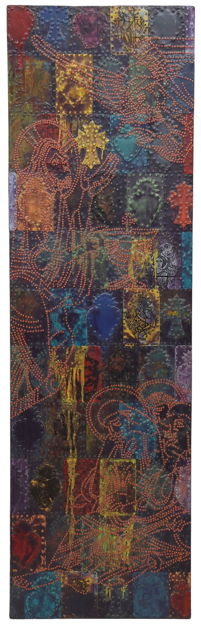 SAM EARLE (B.1960) MIXED MEDIA RELIGIOUS PAINTING ON RECLAIMED DOOR, 80"H (1 of 3)