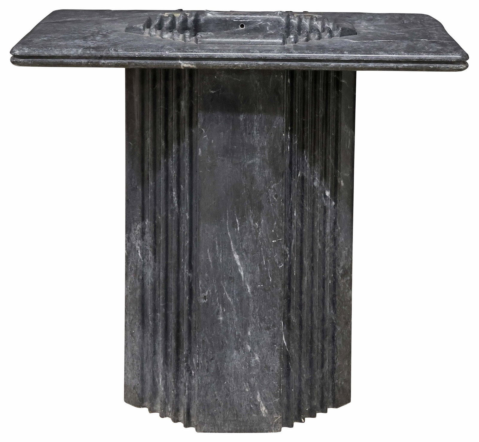 SHERLE WAGNER (ATTRIB) BLACK MARBLE PEDESTAL BATHROOM SINK: Black marble pedestal sink, attributed to Sherle Wagner, 21st c., molded edge top with stepped bowl, over fluted hexagonal pedestal, unmarked, approx 33"h, 35.5"w, 24.25"d **Provenance: Treasures from