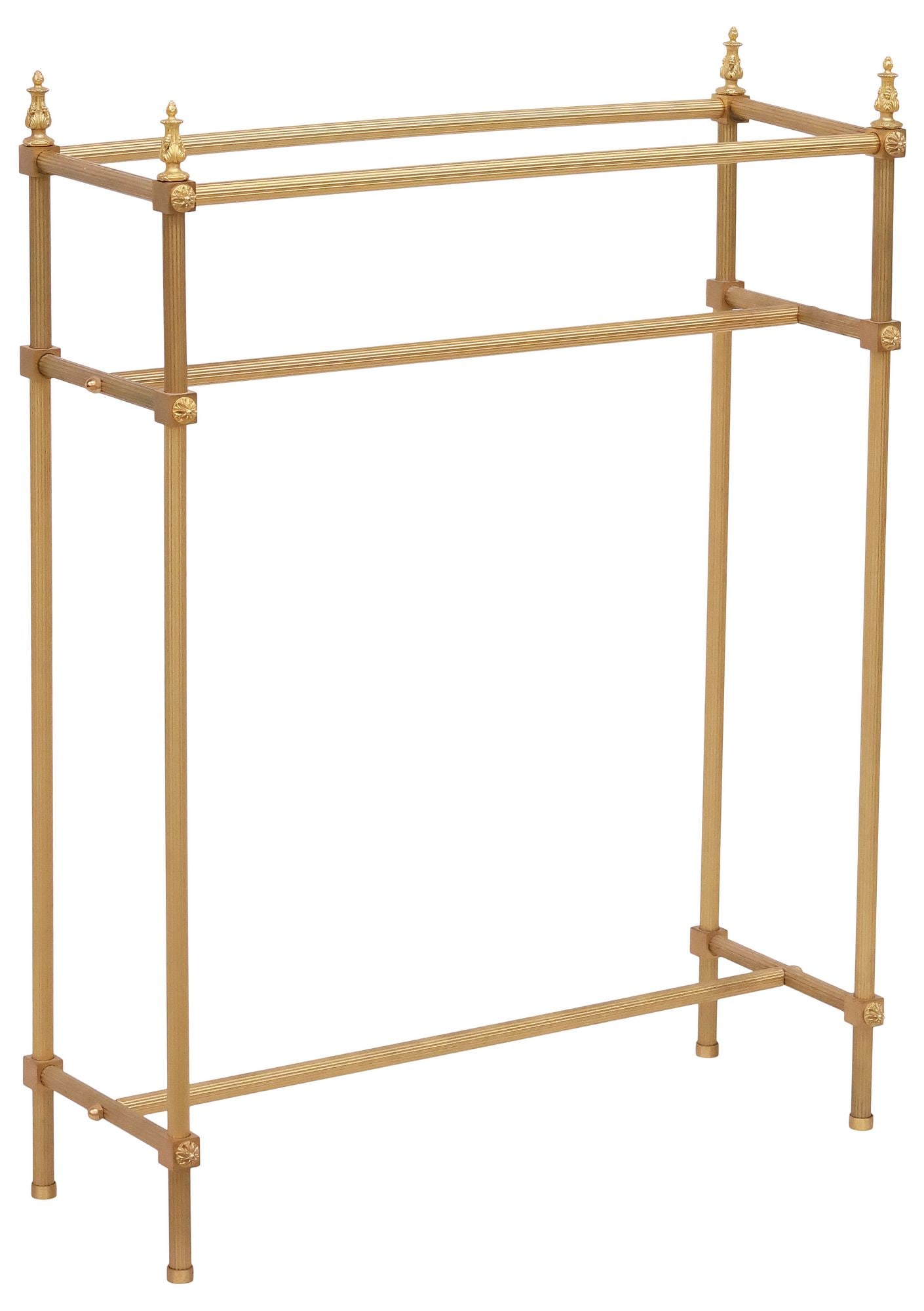 SHERLE WAGNER (ATTRIB.) LOUIS XVI STYLE BRASS TOWEL RACK: Louis XVI style brass towel draper, attributed to Sherle Wagner, Dallas, Texas, 21st c., in a satin finish, rectangular frame with fluted rack and supports, flanked by foliated urn-form finials, unmar