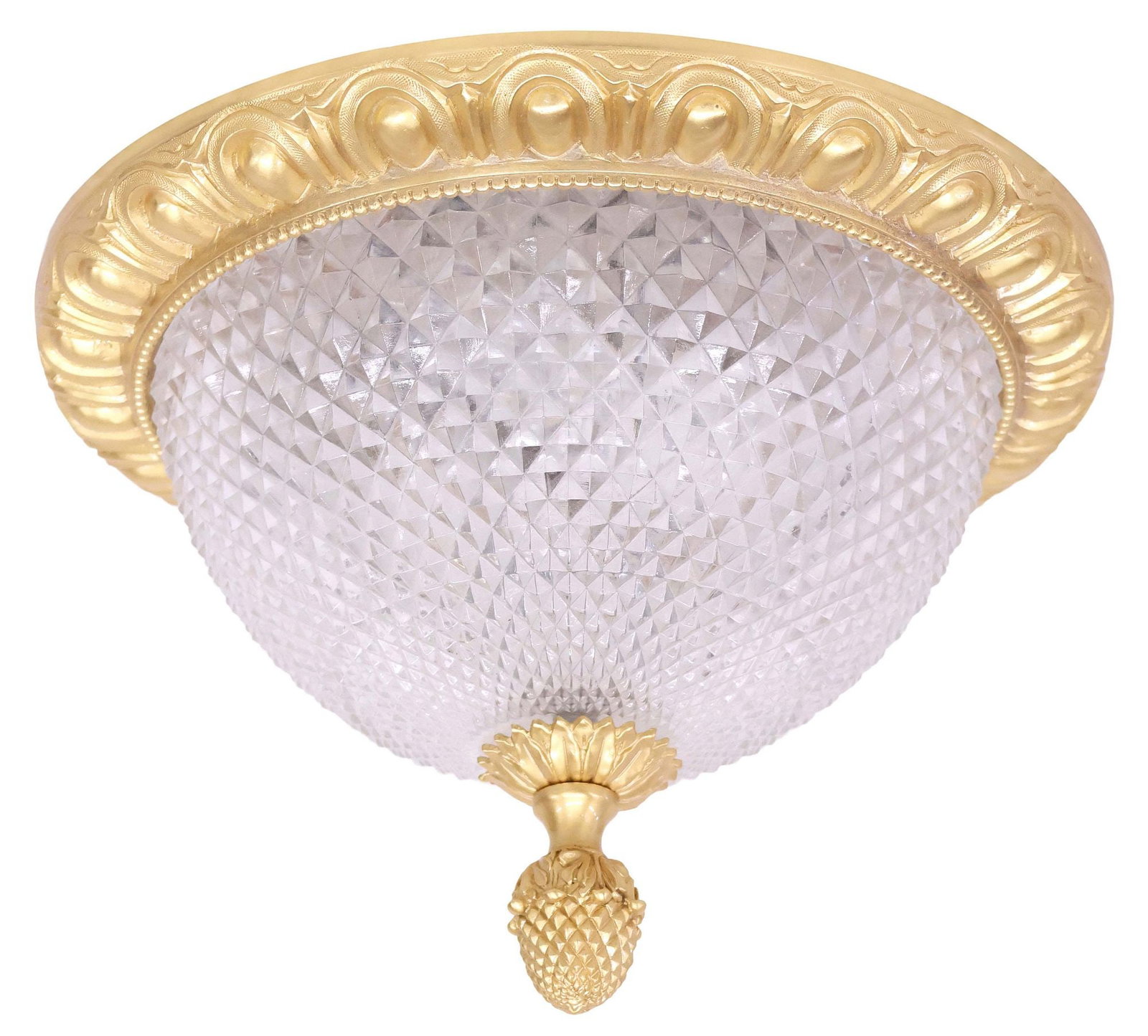 DESIGNER SHERLE WAGNER 'EGG & DART' DOMED FLUSH-MOUNT CEILING LIGHT: Designer "Egg and Dart" medium flush-mount ceiling light, Sherle Wagner International, 21st c., model number 7130, circular gilt-brass frame and pineapple finial, with faceted glass dome shade, retain