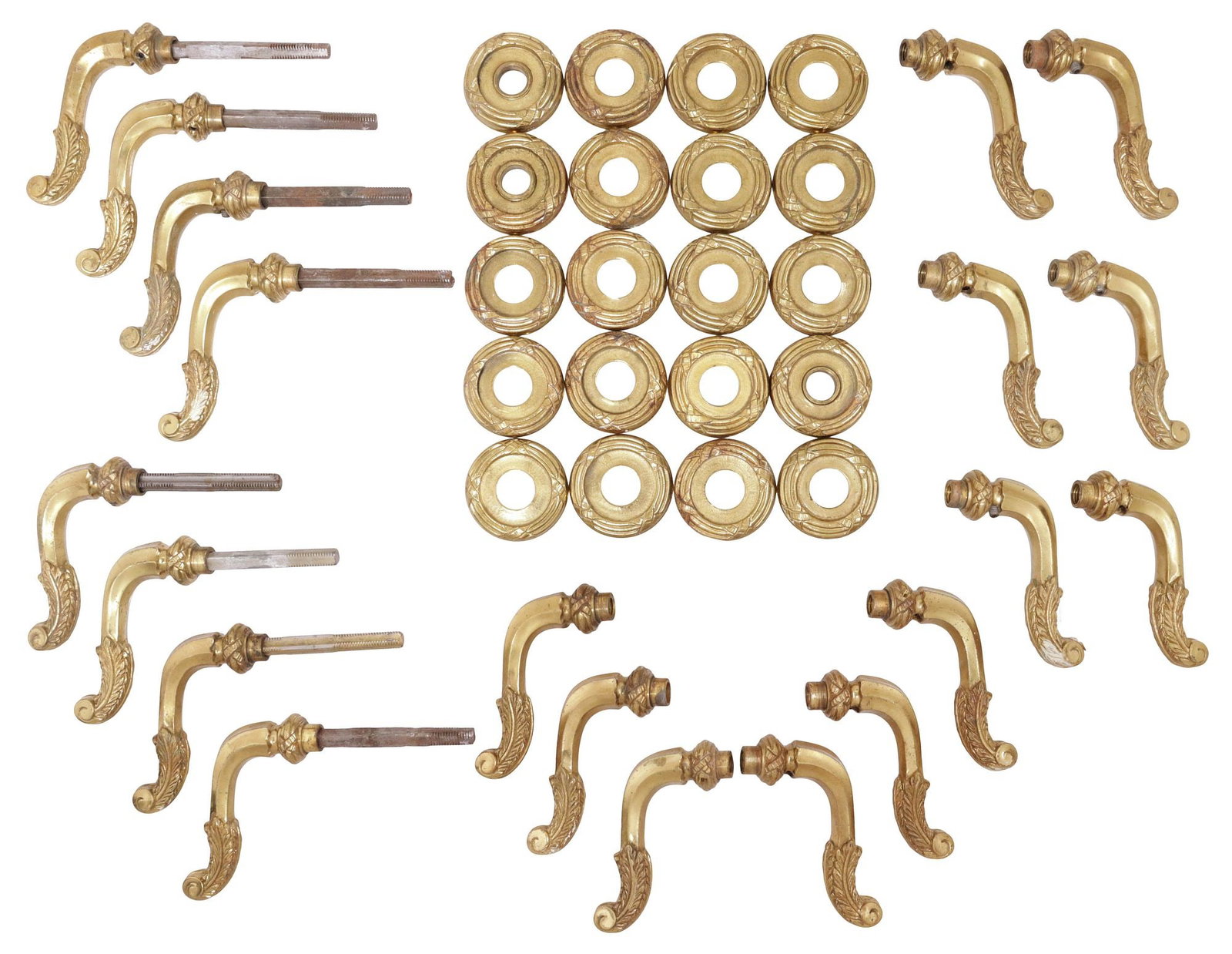 (LOT) DESIGNER SHERLE WAGNER BRASS DOOR HARDWARE: LEVERS & PLATES: (lot) Designer modern gilt brass door levers, Sherle Wagner International, 20th c., in the "Ribbon and reed" pattern, various components. levers and back plates, approx 2"h, 4.25"w, 2.5"d, 12lbs total