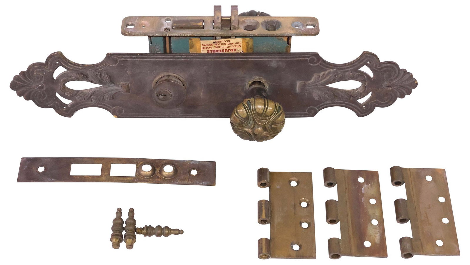 VINTAGE PATINATED METAL ARCHITECTURAL MORTISE DOOR LOCK SET (1 of 6)