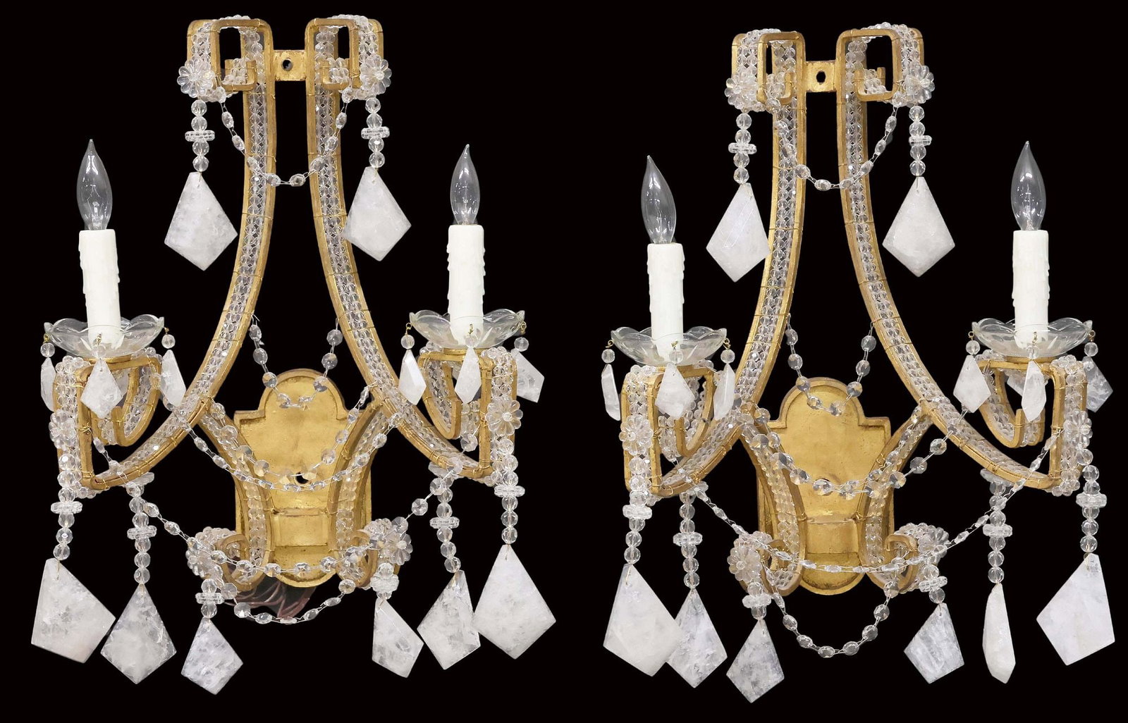 (2) LARGE GILT STEEL & ROCK CRYSTAL DROP 2-LIGHT WALL SCONCES (1 of 4)