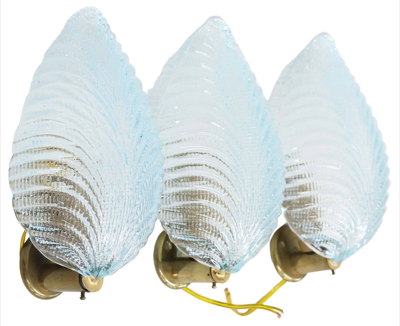 (3) BAROVIER & TOSO (ATTRIB.) MURANO ART GLASS 'COSTOLATO' 1-LT WALL SCONCES: (lot of 3) Italian Modern Murano art glass wall sconces, attributed to Barovier & Toso, c.1940s, in the "Costolato" or ribbed design, each light encased by blue glass leaf, in need of wiring, approx 8
