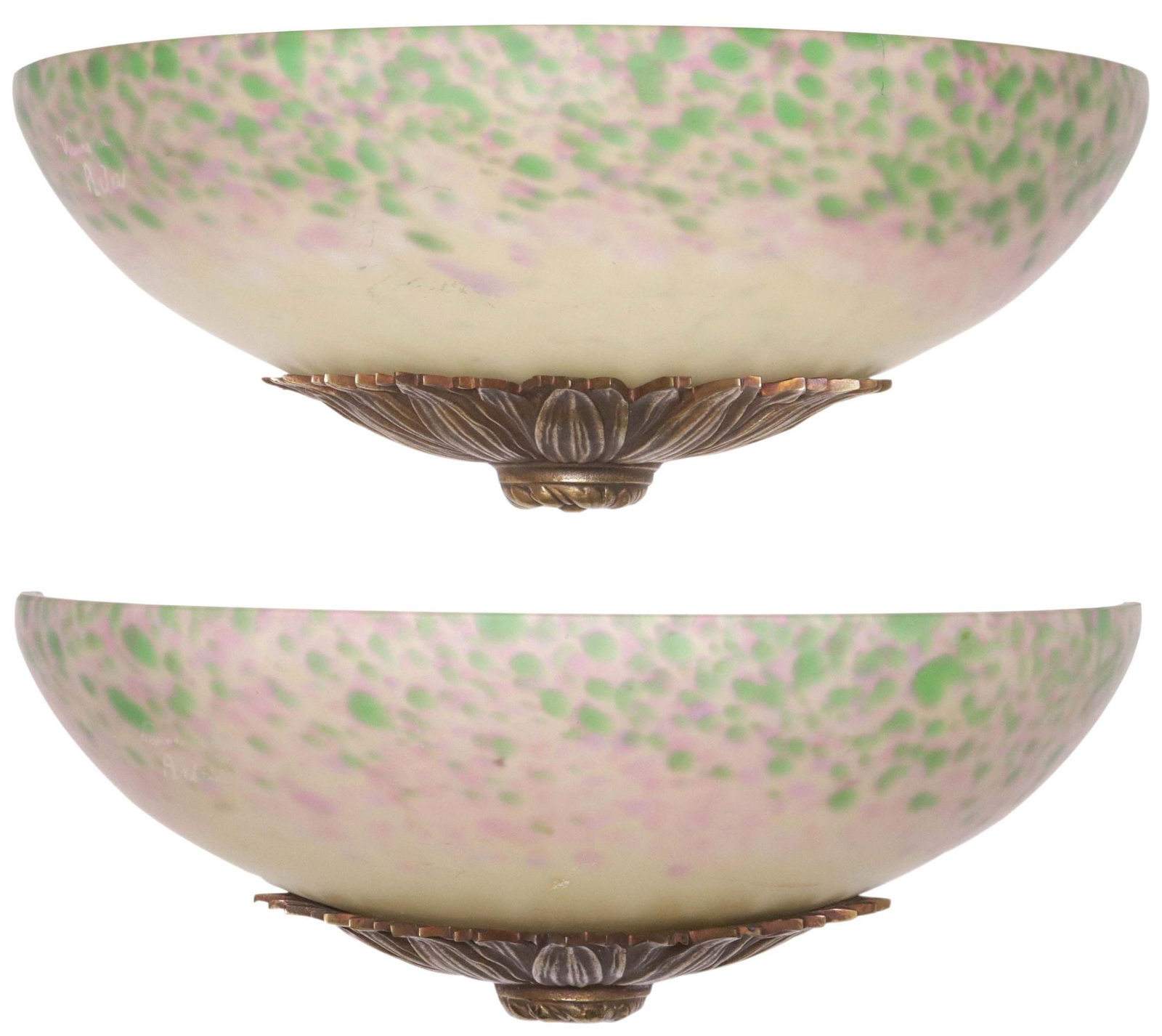 (2) FRENCH ART DECO VIANNE POUR ARTA ART GLASS 1-LIGHT WALL SCONCES: (pair) French Art Deco patinated metal and art glass one-light wall sconces, 20thc., domed pink and green pate de verre shade acid-etched Vianne Pour Arta, Bordeaux, over foliated mount, in need or wi