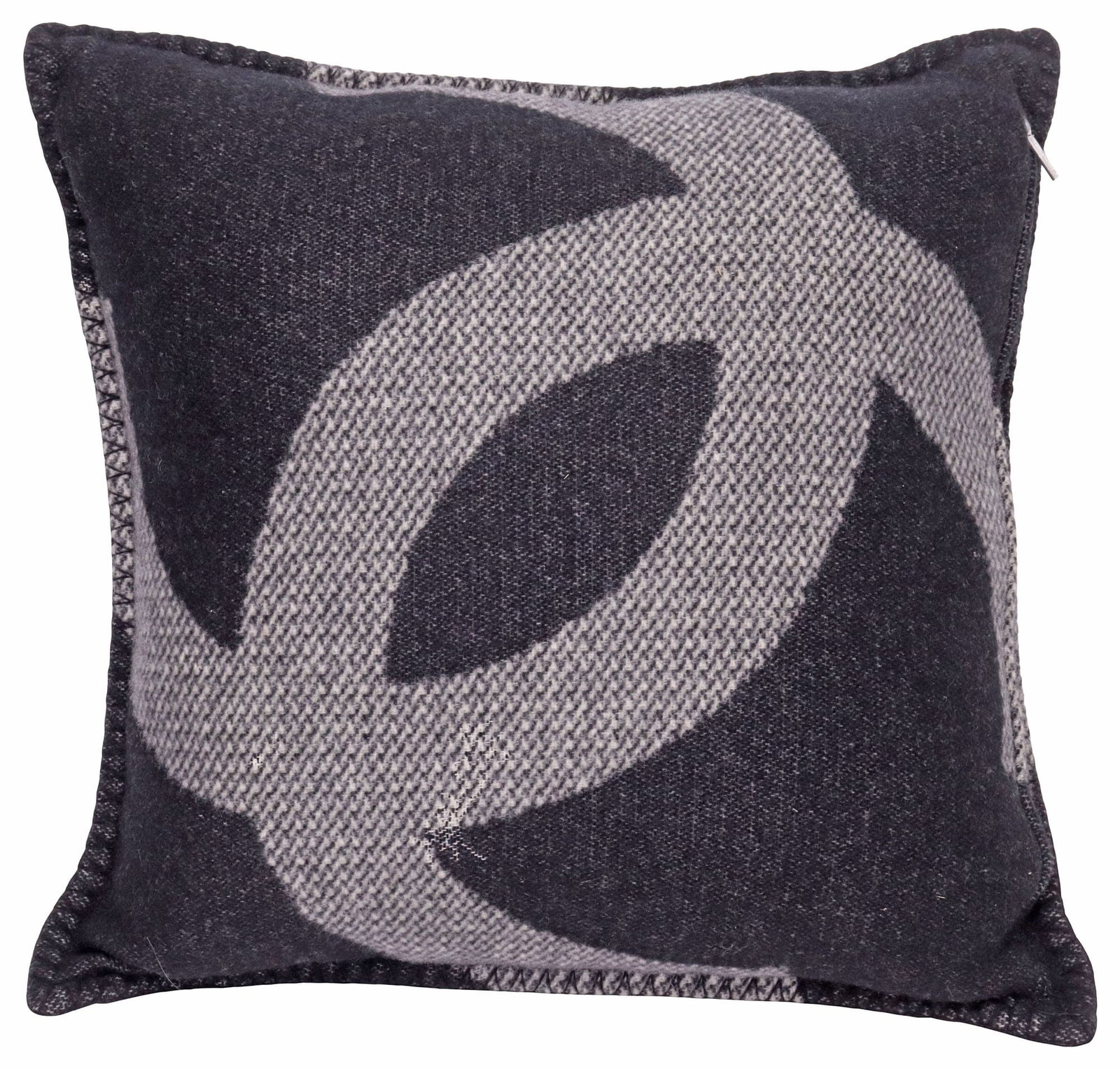 DESIGNER CHANEL 'CC' CASHMERE WOOL REVERSIBLE THROW PILLOW: Designer cashmere throw pillow, Chanel, in the "CC" pattern, reversible two-tone black and cream, with whip-stitched edges, approx 18"l, 18"w, 7.5"d, 3lbs **Provenance: Treasures from the vaults of a
