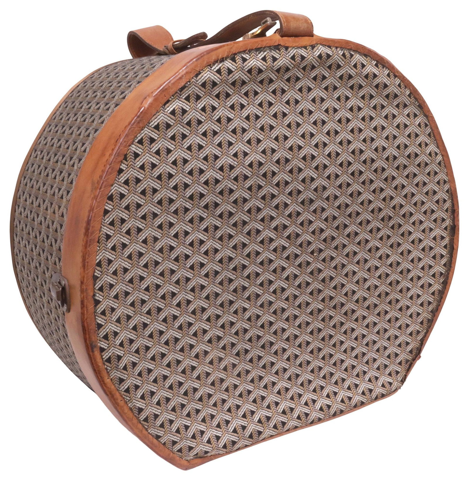 VINTAGE GOYARD HARDSIDED HATBOX, MODIFIED: Large vintage Goyard hardsided hat box, in black and brown Goyardine canvas, with tan leather trim, gold-tone metal hardware, single leather strap, yellow cotton-lined interior with dual luggage strap