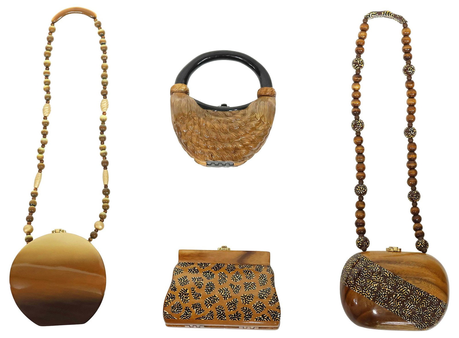 (4) DESIGNER TIMMY WOODS NATURALS LACQUERED WOOD CLUTCH HANDBAGS (1 of 7)