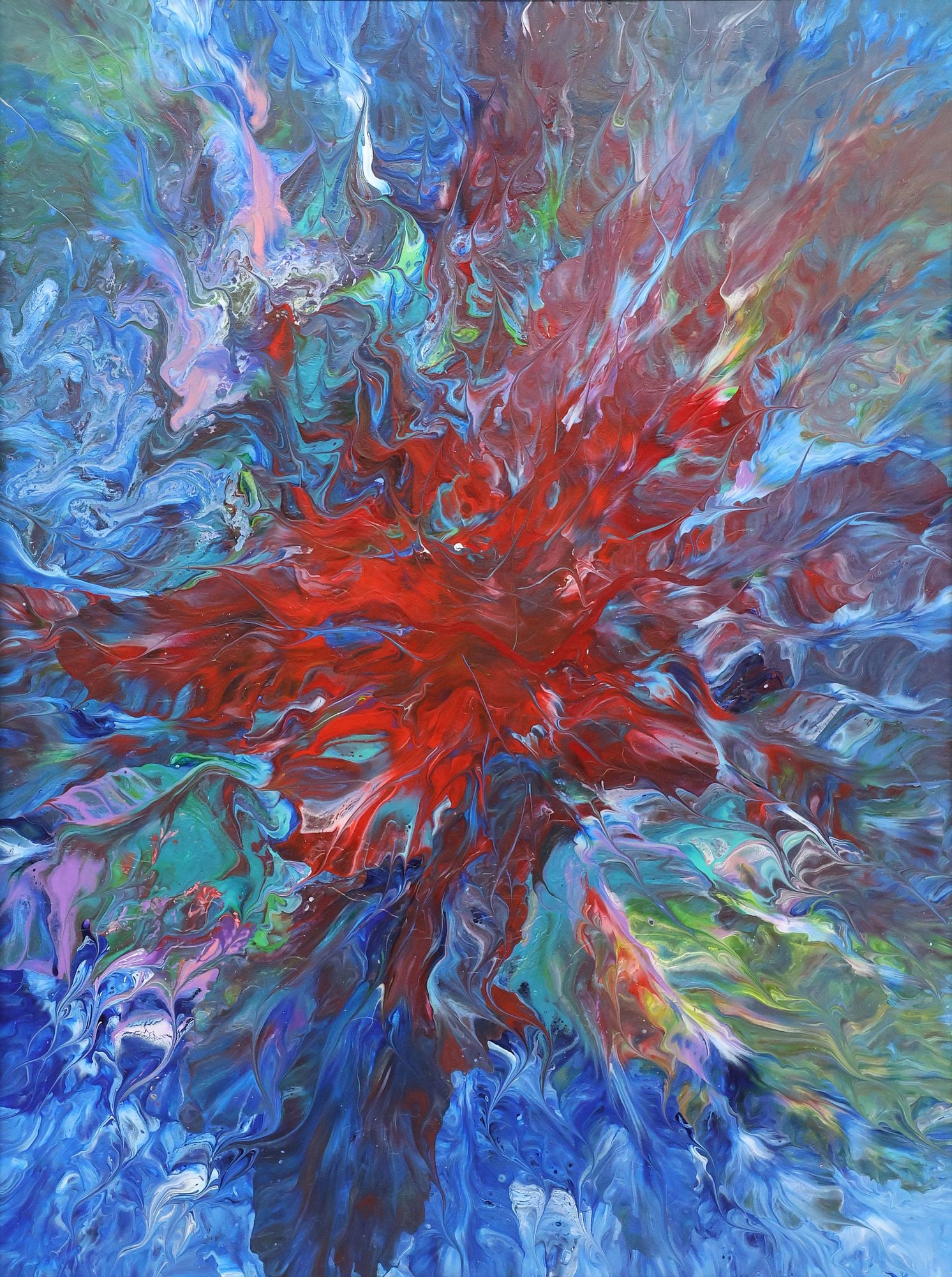 BERNICE SCHMITZ (20TH C.) OIL PAINTING, ABSTRACT COMPOSITION, 56" X 43": Framed abstract oil on canvas painting, signed verso on stretcher Bernice Schmitz (20th c.), sight: approx 47.5"h, 35.25"w, overall: approx 55.5"h, 43"w, 23lbs